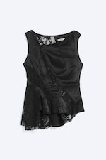 Black - Lace-Insert Satin Boat-Neck Top - 0