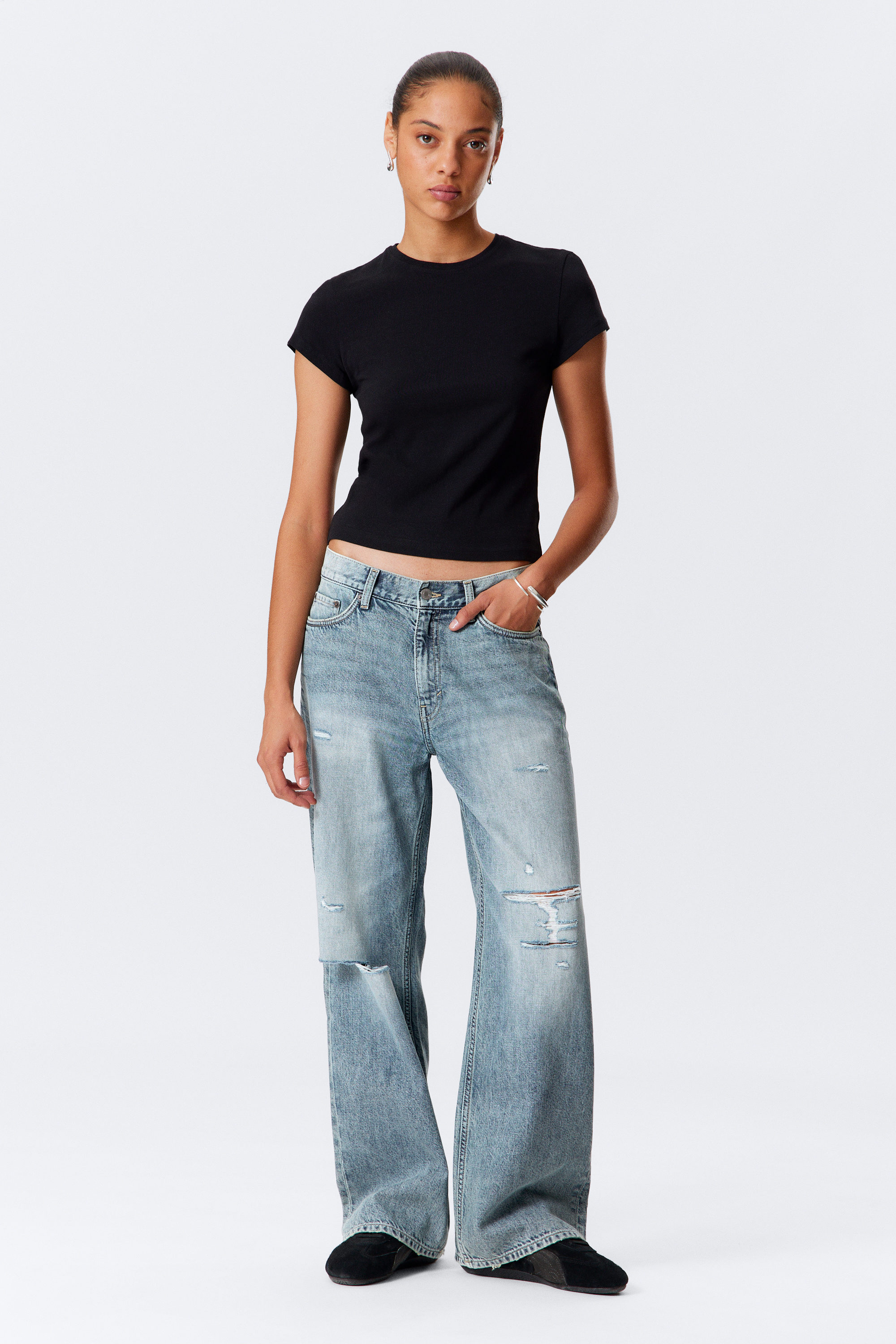 Torn Blue - Medium Blue - Dynasty Low Rise Loose Wide Leg Jeans - 1