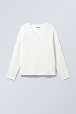 White - Boxy Knitted V-neck Sweater - 0