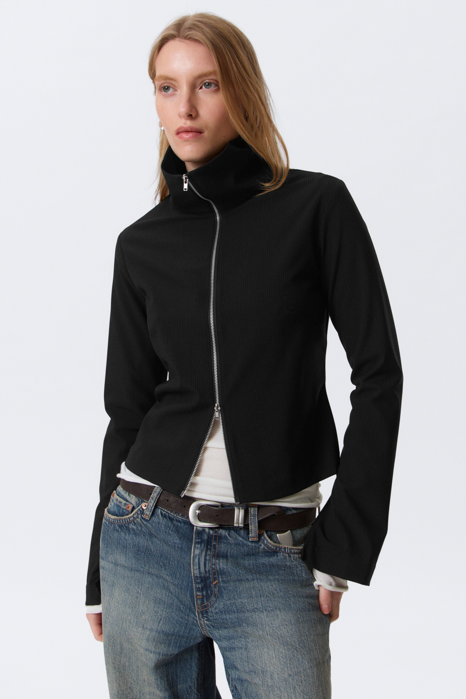 Slim Long-Sleeved Zip Shirt - Randig svart - 3