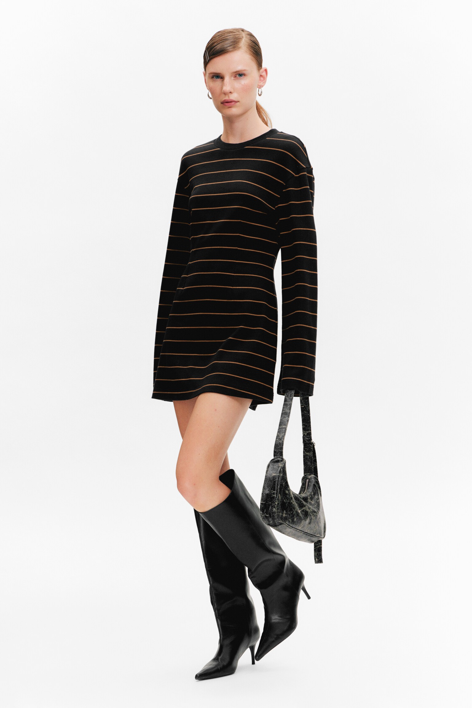 Long-Sleeved Cotton Mini Dress - Striped Black/Black/Dark Plum - 1