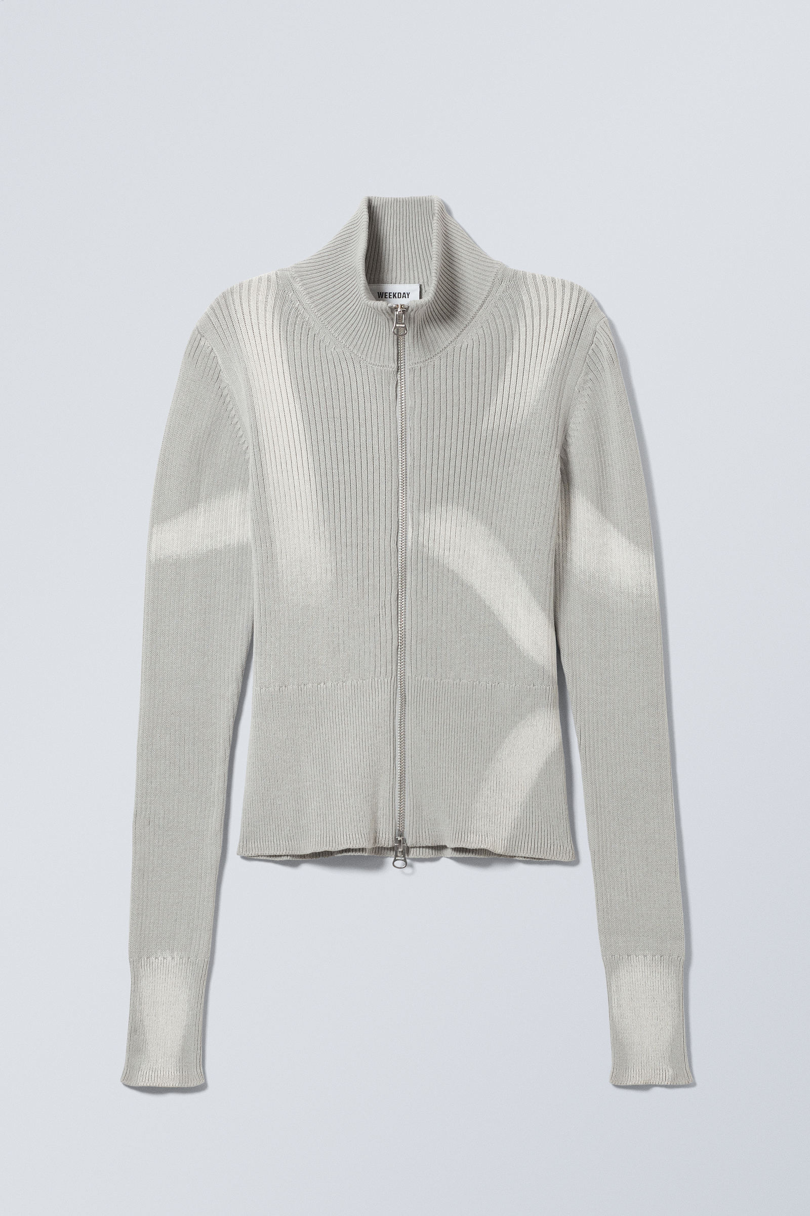 【andwang】zip up rib knit tops (gray) Feather Weight Ribbed Turtleneck Zip Up Sweater – Tibi Official