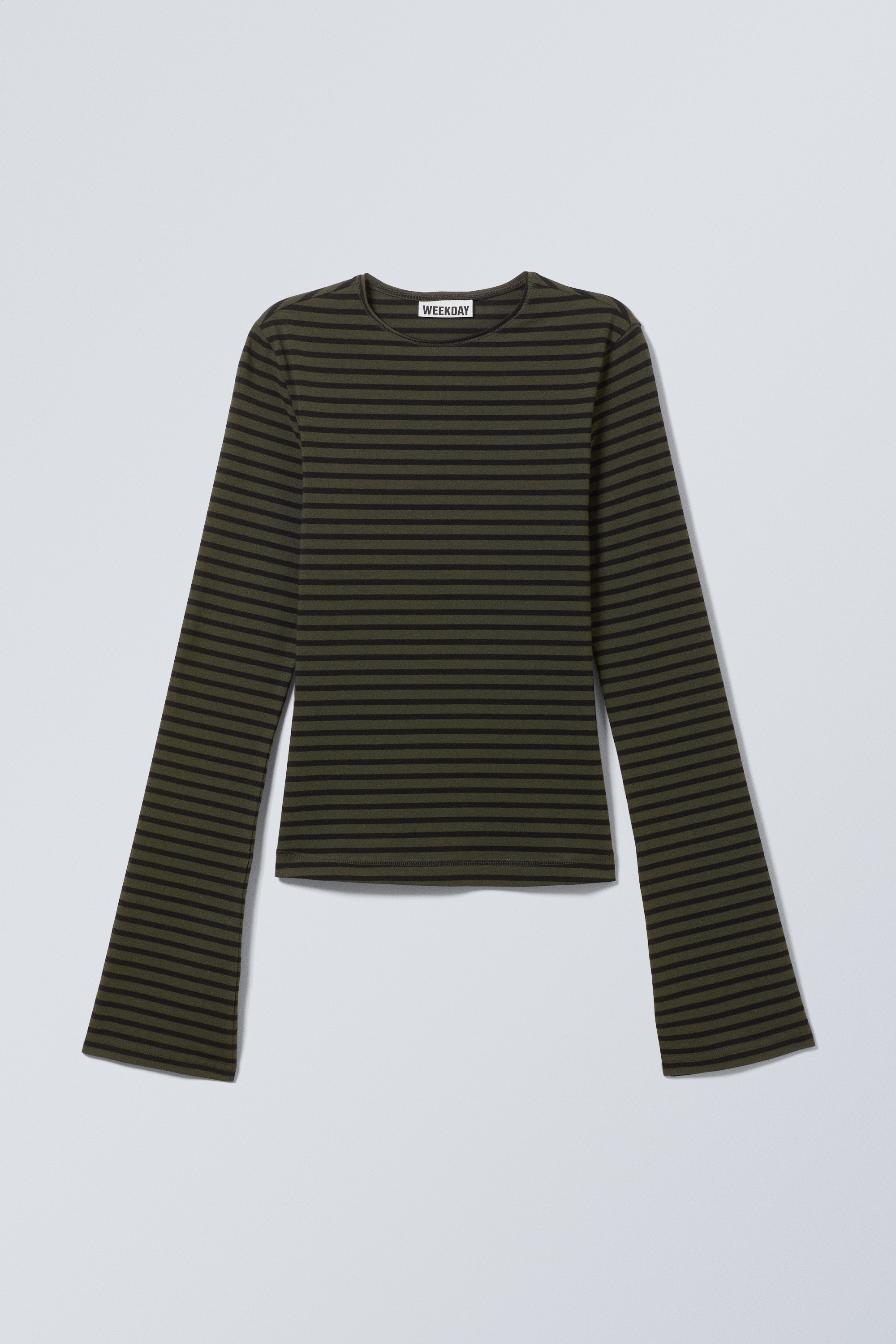 Langærmet bomuldstop - Stribet mørk kakigrøn/Stribet mørkegrøn/Mørkebrun/Sorte og grå striber/Hvid – sorte striber/Mørkegrøn/Stribet muldvarpefarvet/Stribet mørkebrun