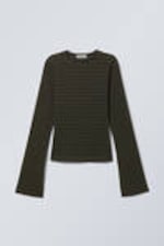 Striped Dark Khaki Green - Long Sleeve Cotton Top - 3
