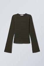 Striped Dark Khaki Green - Long Sleeve Cotton Top - 0