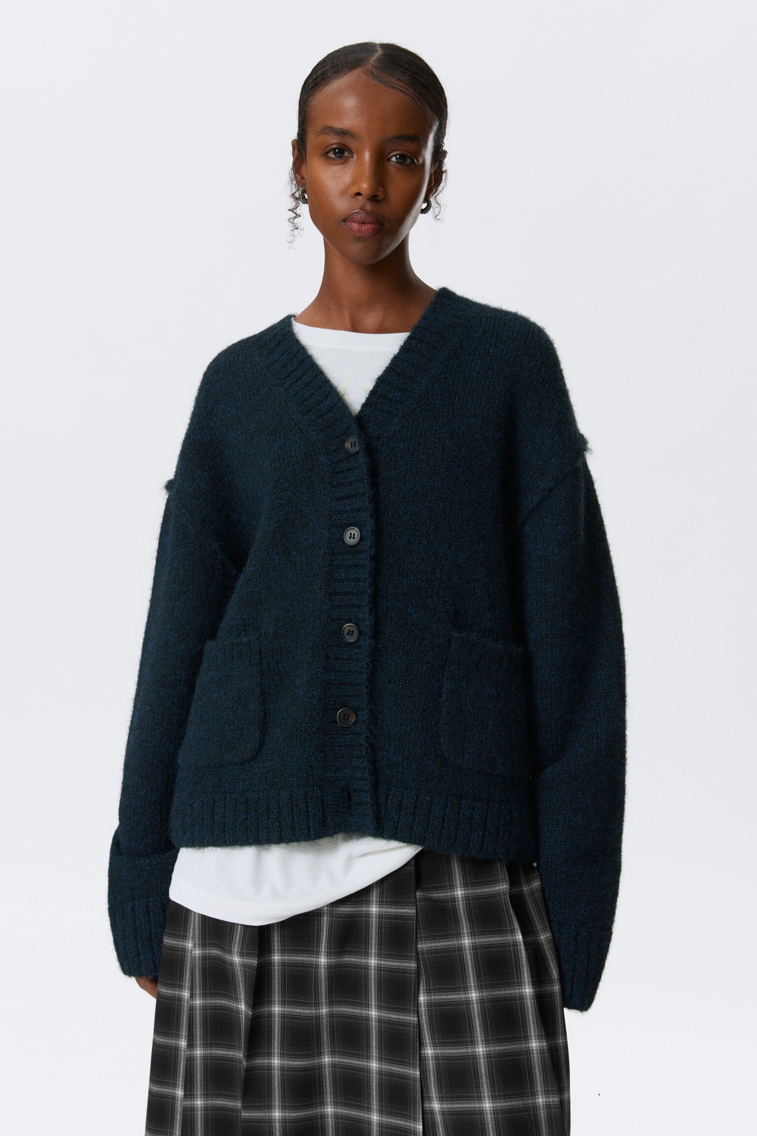 Cardigan a V in misto lana - Blu scuro/Grigio mélange/Marrone scuro mélange