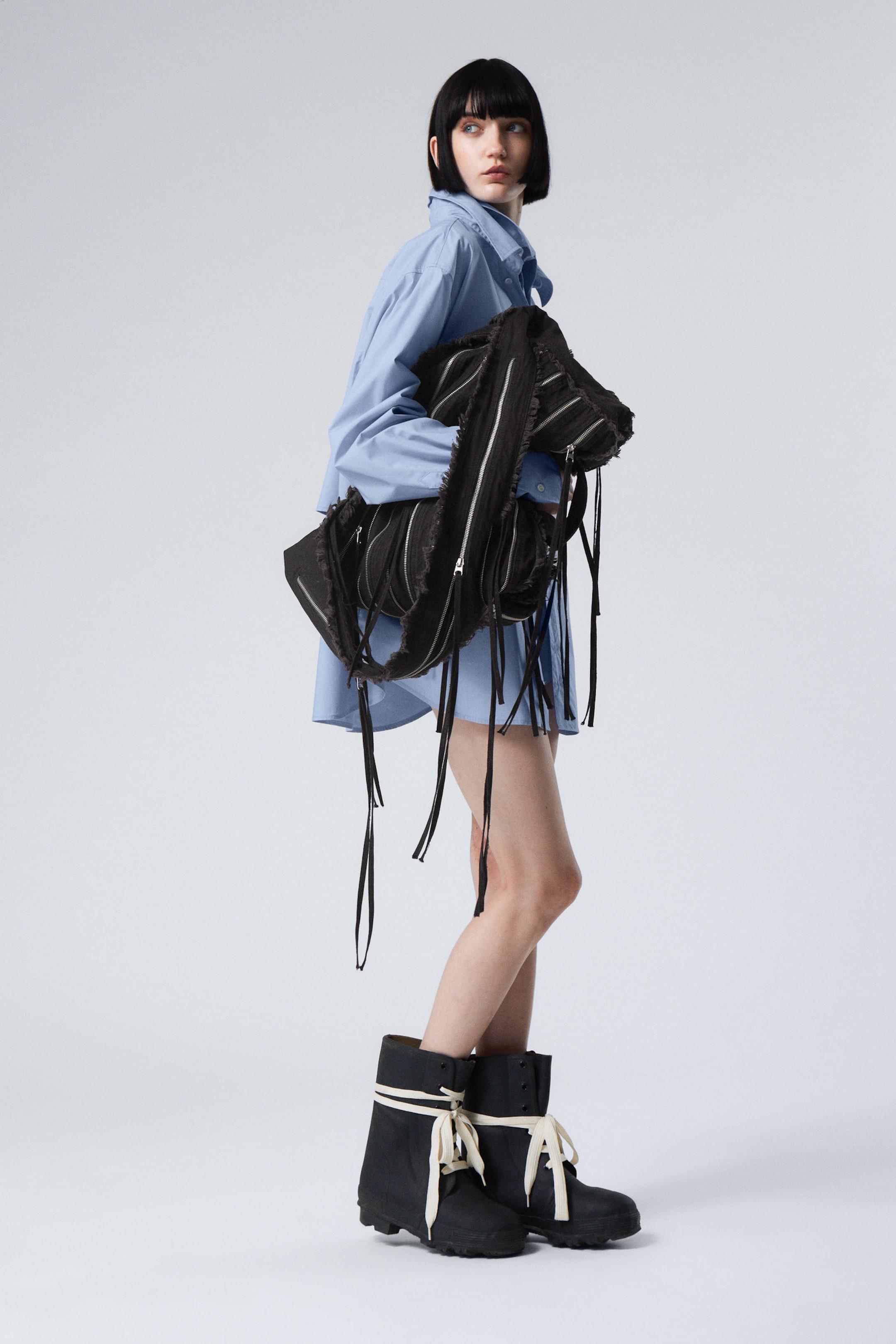 Black - Washed Denim Multi Zip Bag - 2