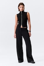 Schwarz - Geripptes Zip-Top mit Stehkragen - 0