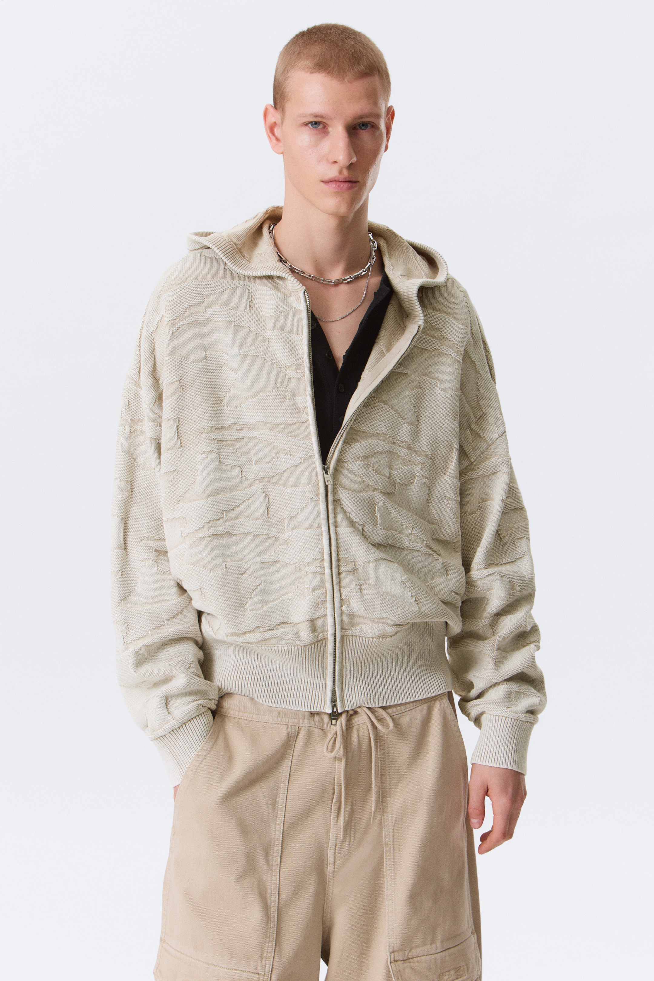 Light Patterned Beige - Boxy Textured Knit Zip Hoodie - 1