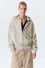Light Patterned Beige - Boxy Textured Knit Zip Hoodie - 0