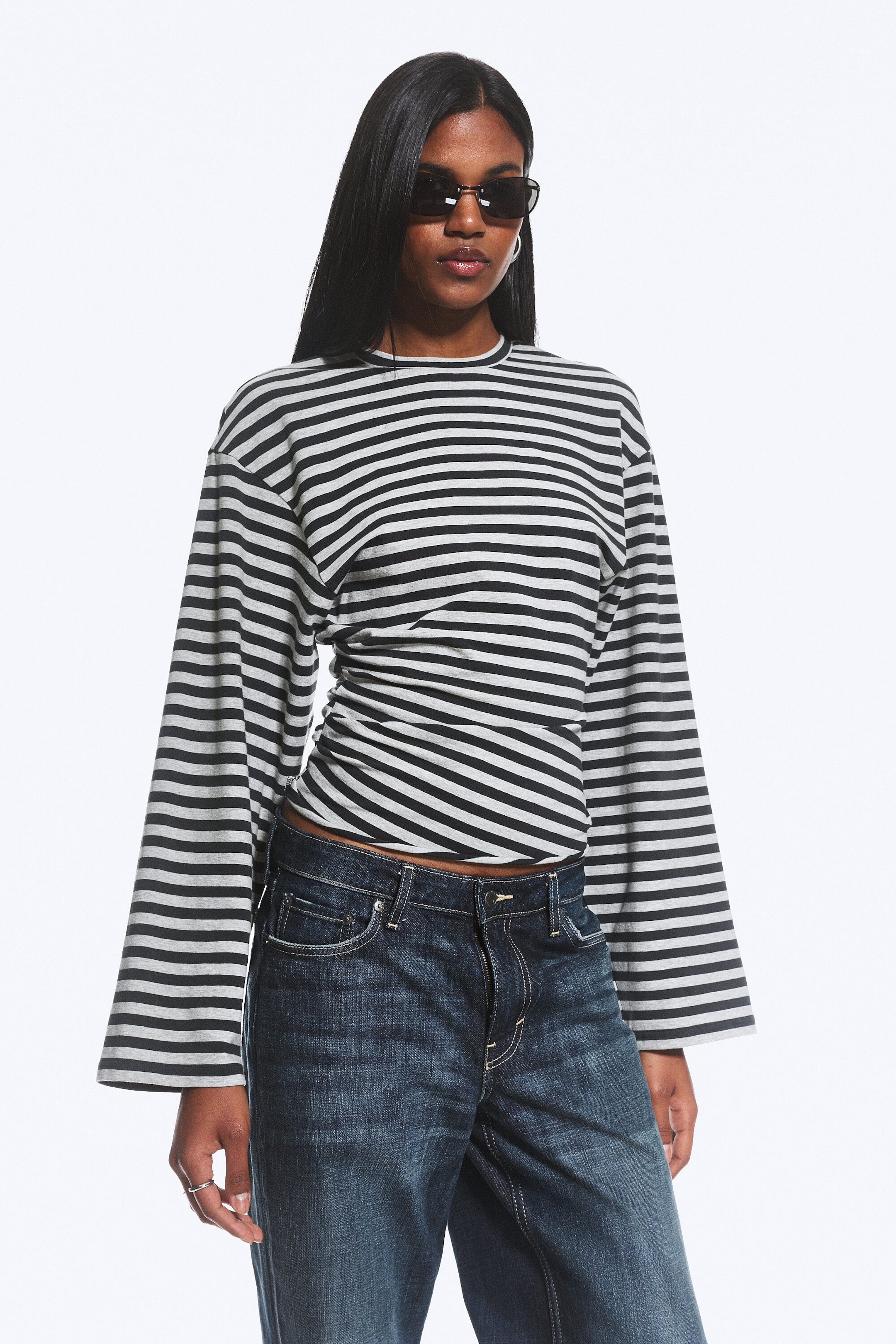 Black/Grey Stripe - Ruched Long-Sleeved T-shirt - 1
