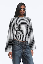 Black/Grey Stripe - Ruched Long-Sleeved T-shirt - 0