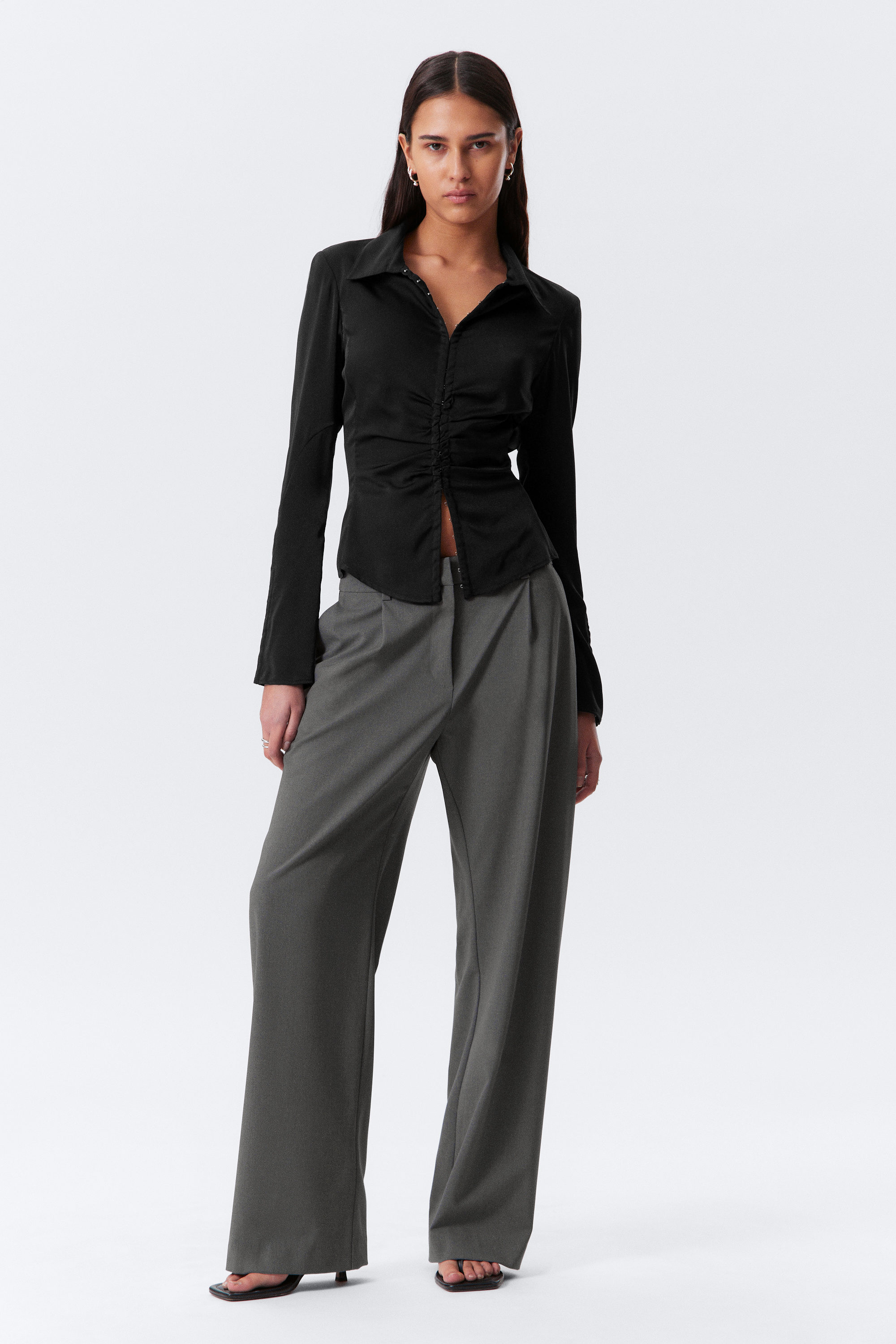 Dark Grey - Relaxed Mid Rise Pleated Suiting Trousers - 1
