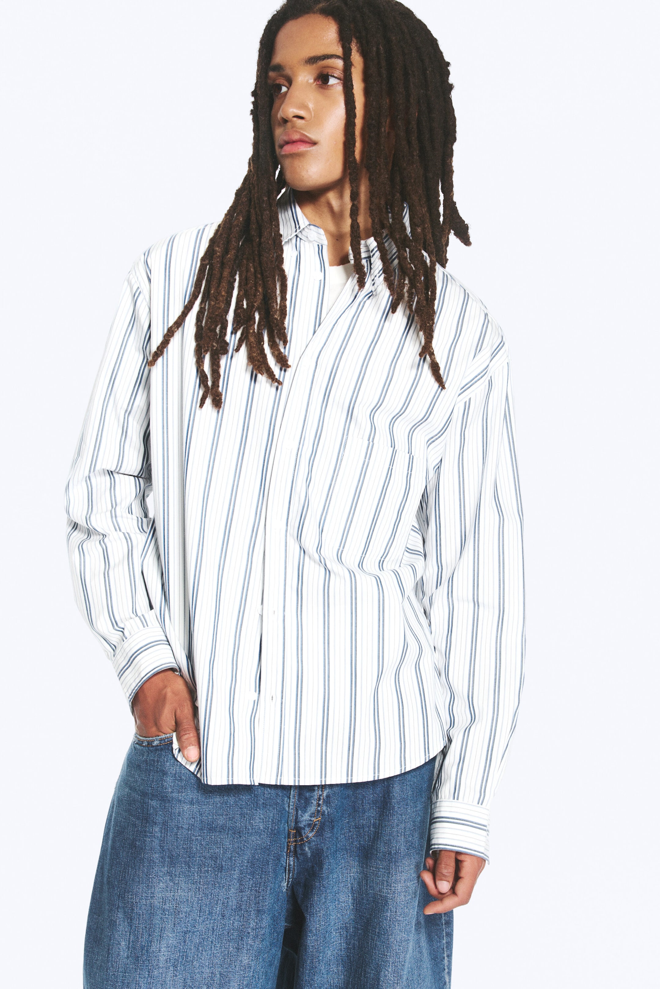 White - Blue Stripes - Loose Button-Down Poplin Shirt - 2