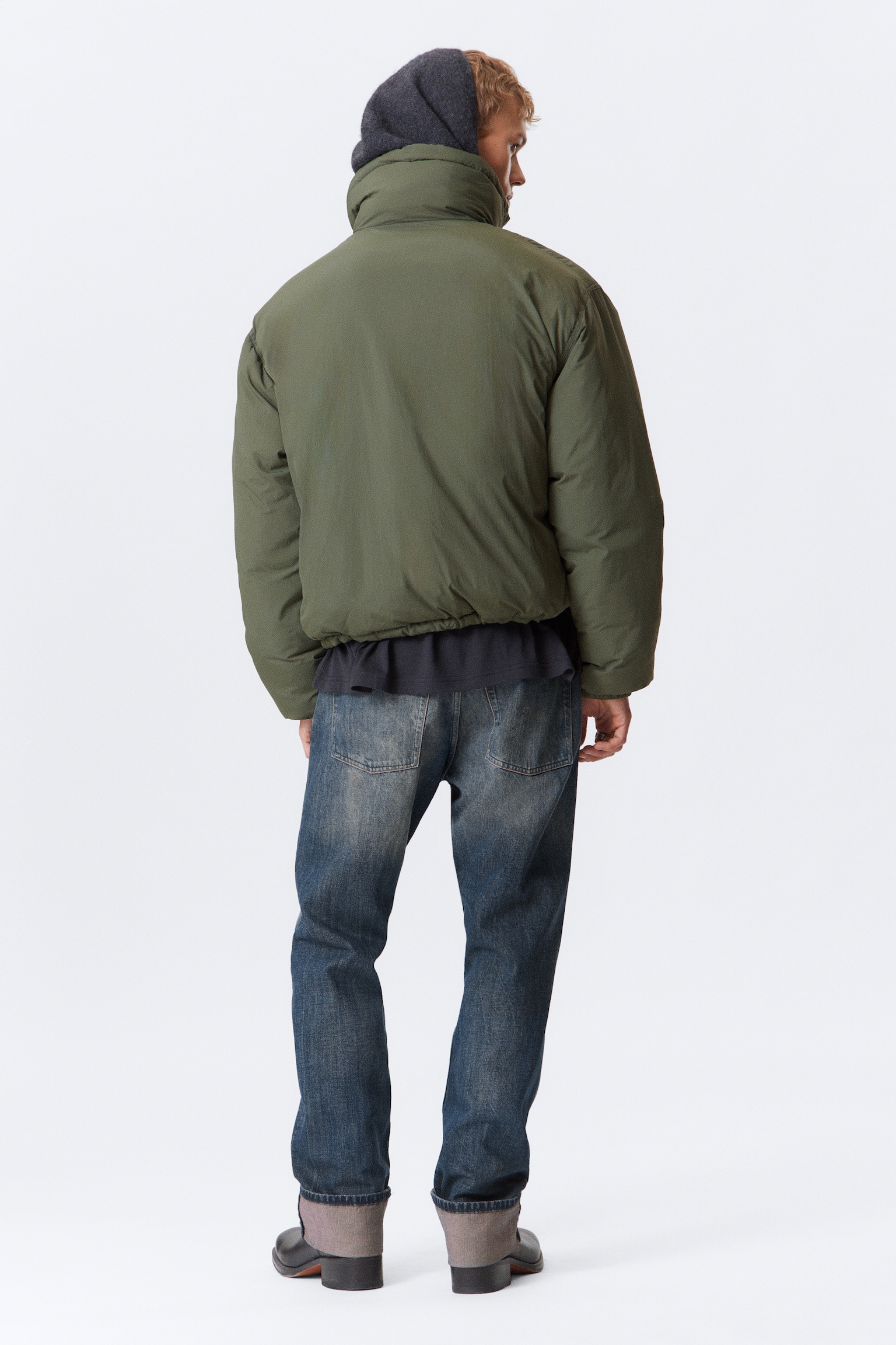 Drawstring Nylon Puffer Jacket - Sage Green/Black - 4