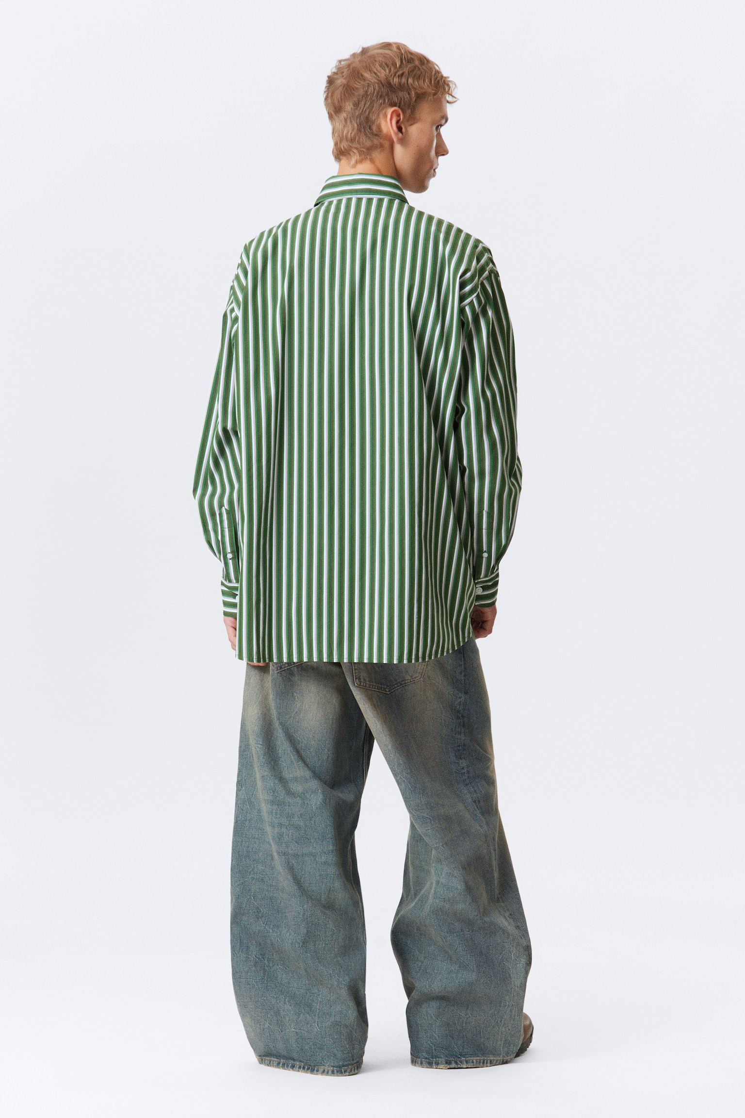 Oversized Striped Button-Down Shirt - Green Stripe/White - Blue Stripes - 5