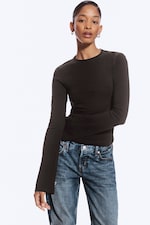 Dark Brown - Long Sleeve Cotton Top - 0