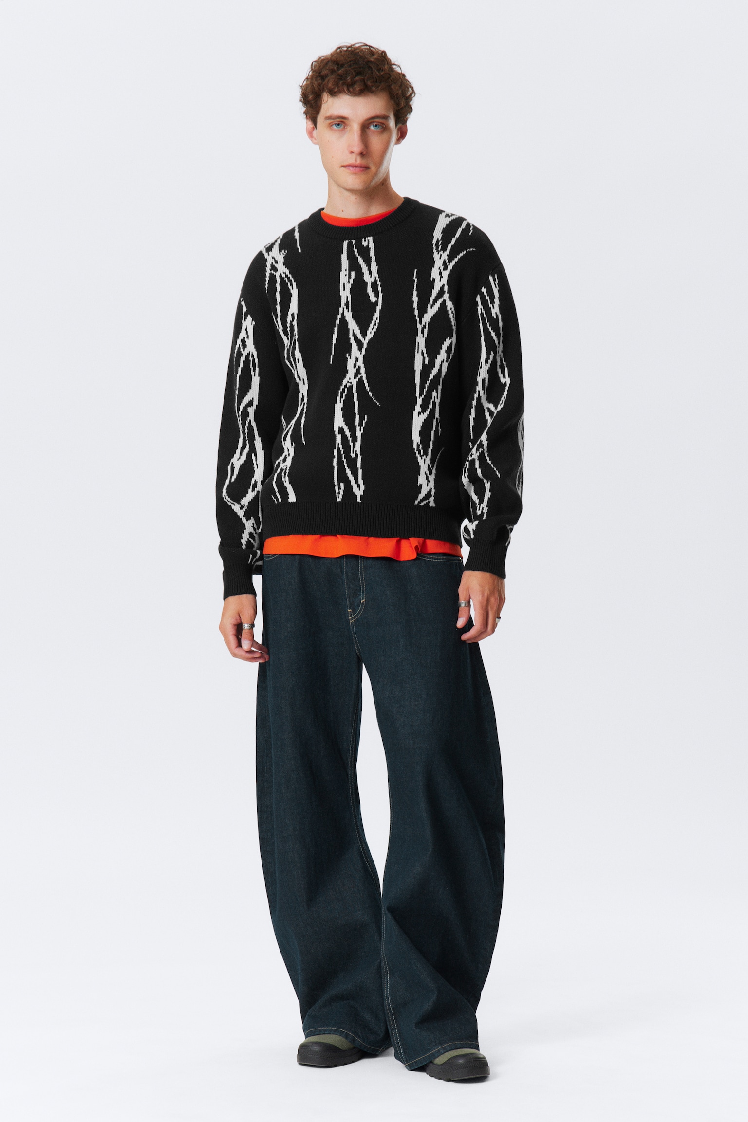 Regular Jacquard Knitted Graphic Sweater - Black - Iced Veins - 5