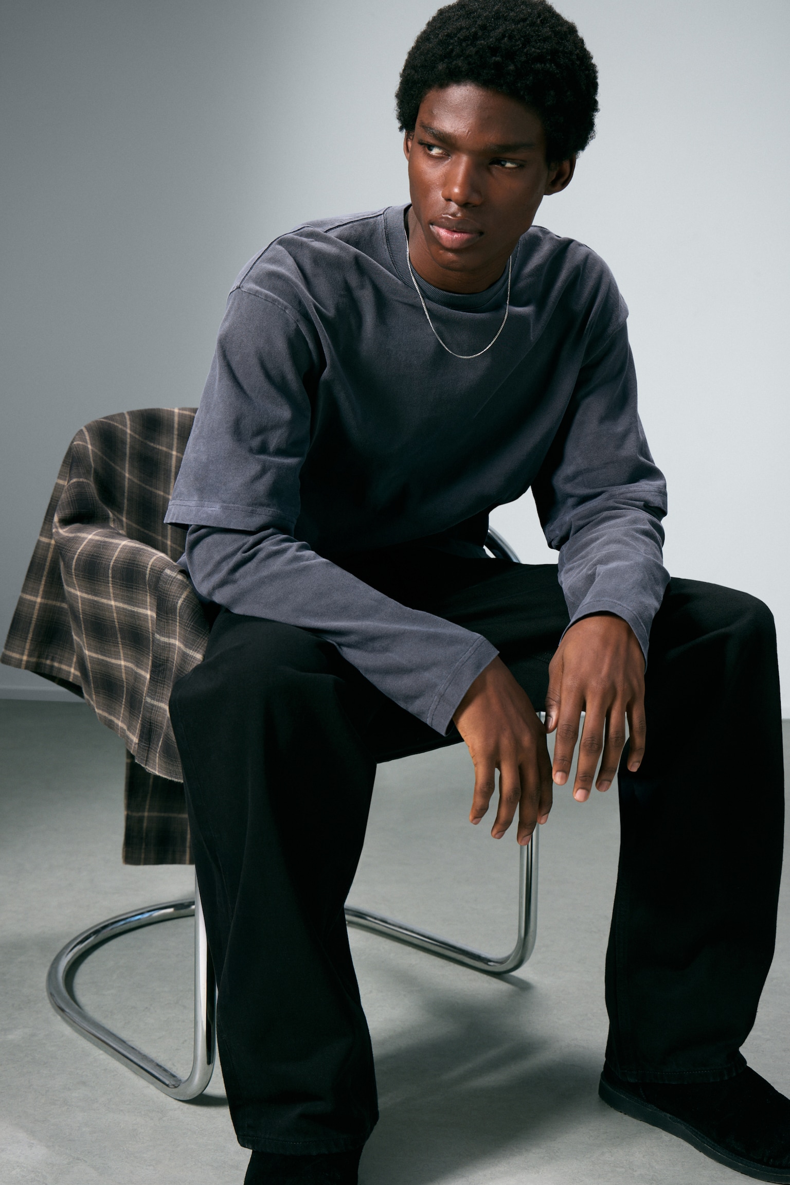 T-shirt en coton double épaisseur - Washed Dark Blue/Noir et blanc - 4