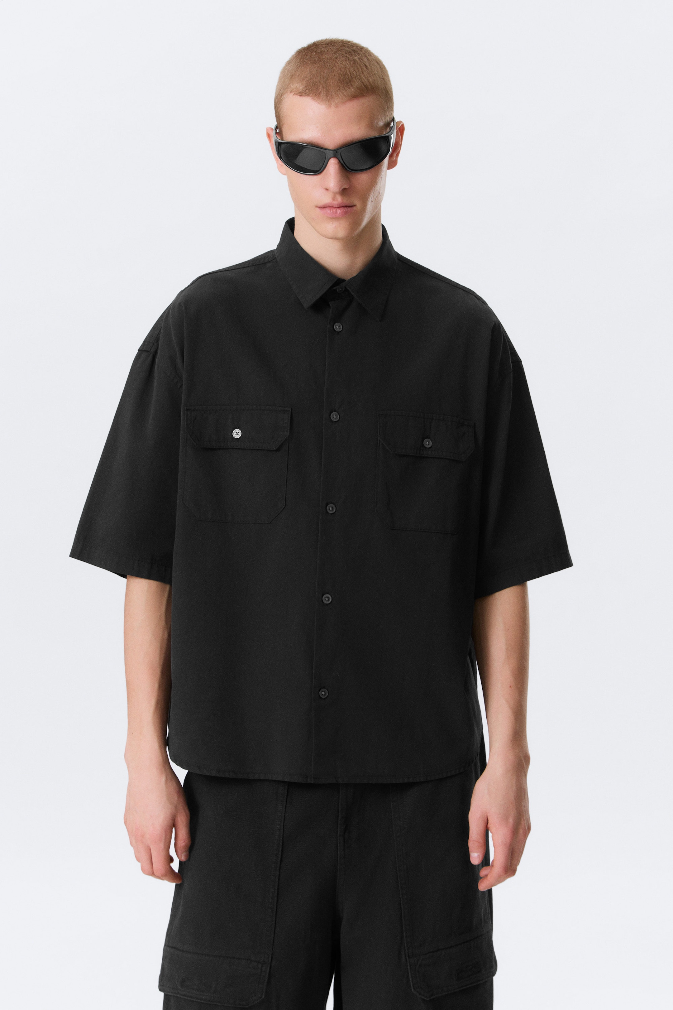Black - Boxy Short-Sleeved Cotton Shirt - 1