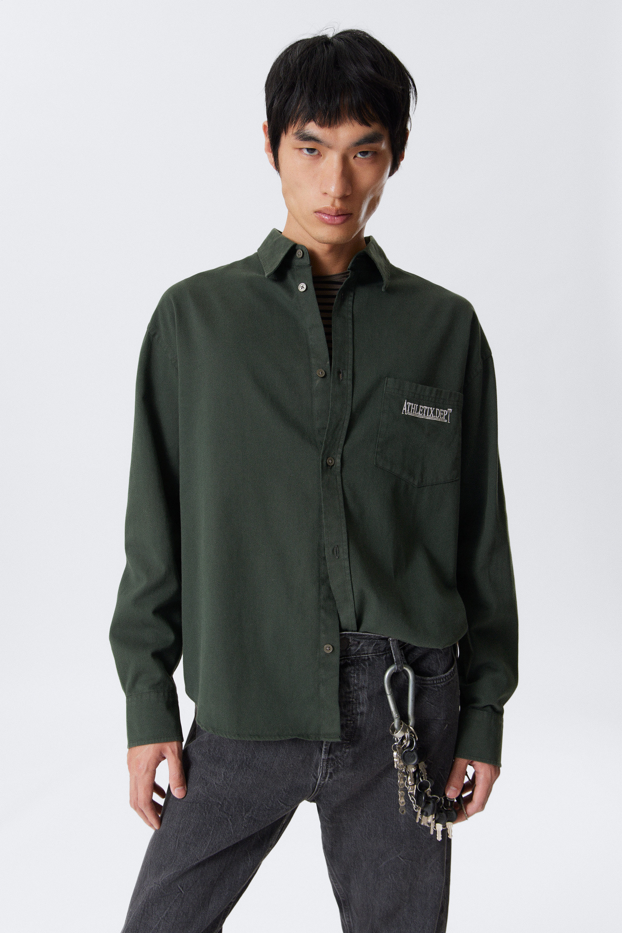Dark Green - Embroidered Oversized Cotton Shirt - 2