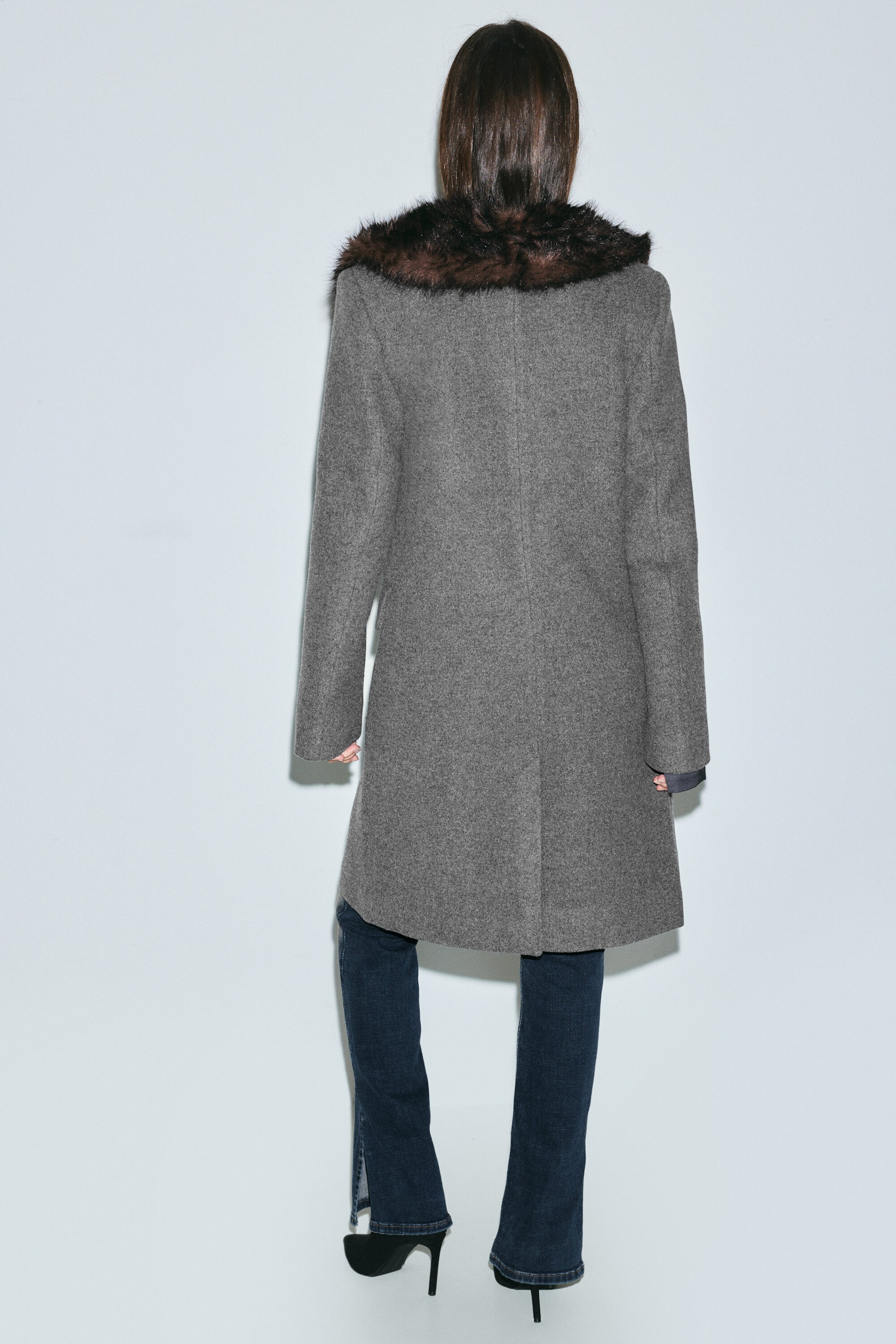Grey - Fitted Wool-Blend Coat with Faux Fur Collar - 4
