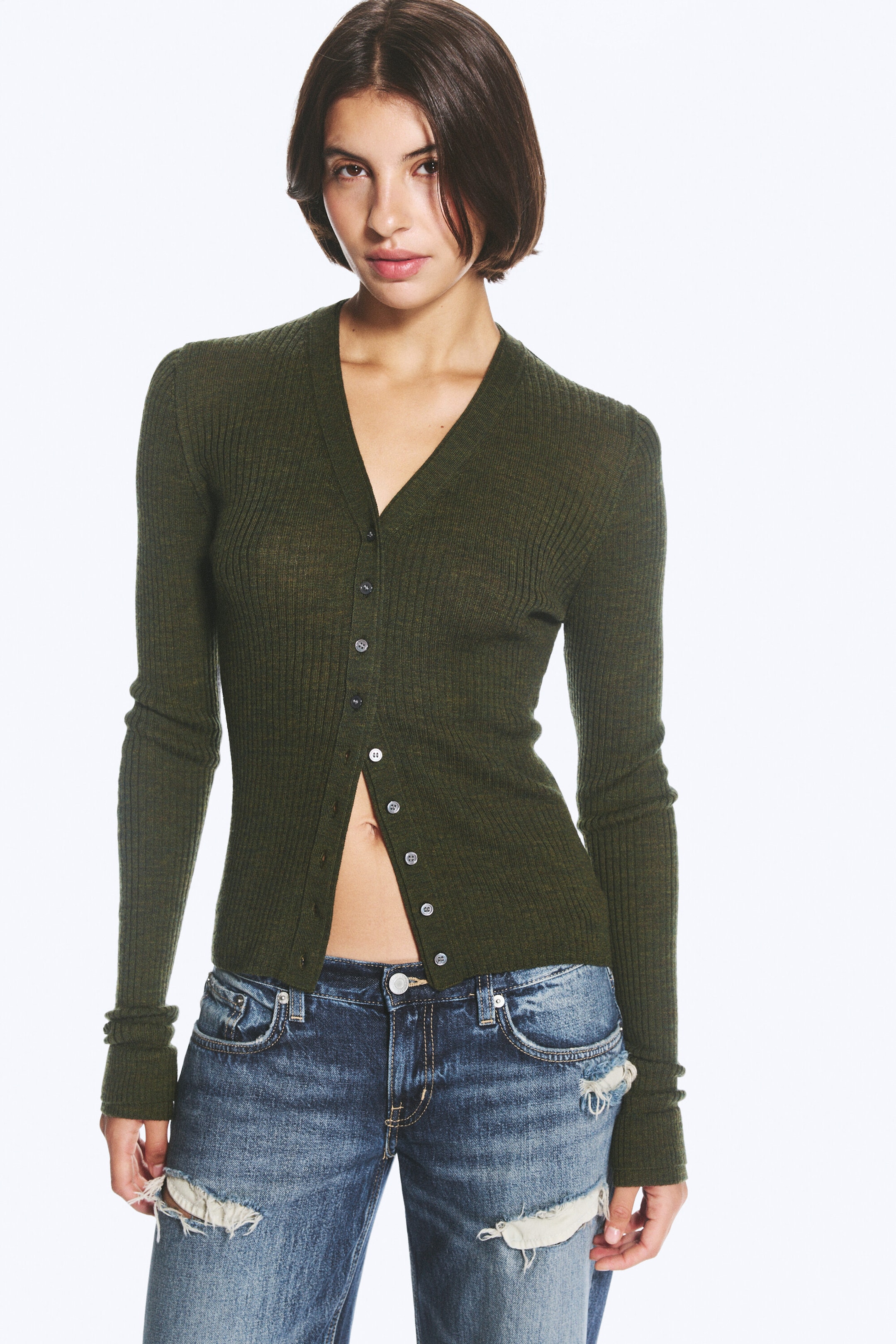 Dark Green - V-neck merino cardigan - 2
