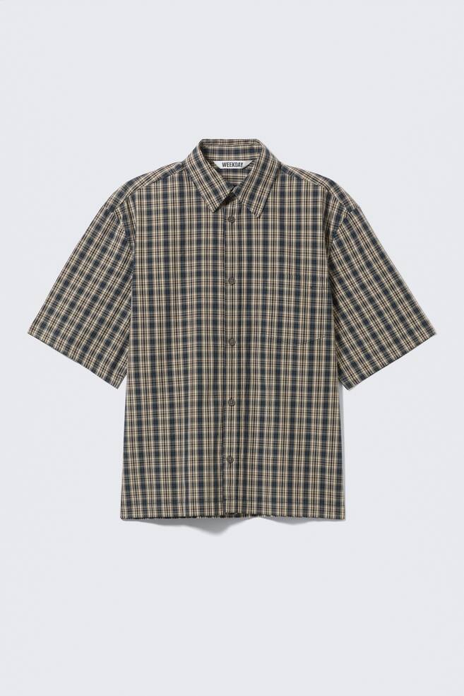 Boxy Short-Sleeved Cotton Shirt - Beige - Navy Blue Check/Checked Black - 1