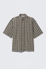 Beige - Navy Blue Check - Relaxed Fit Short-Sleeved Cotton Shirt - 0