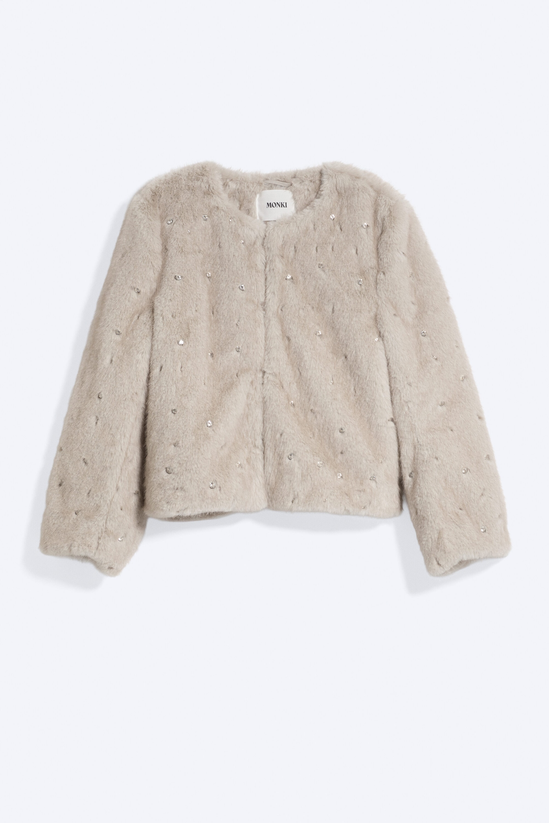 Beige - Cropped Faux Fur Rhinestone Jacket - 5