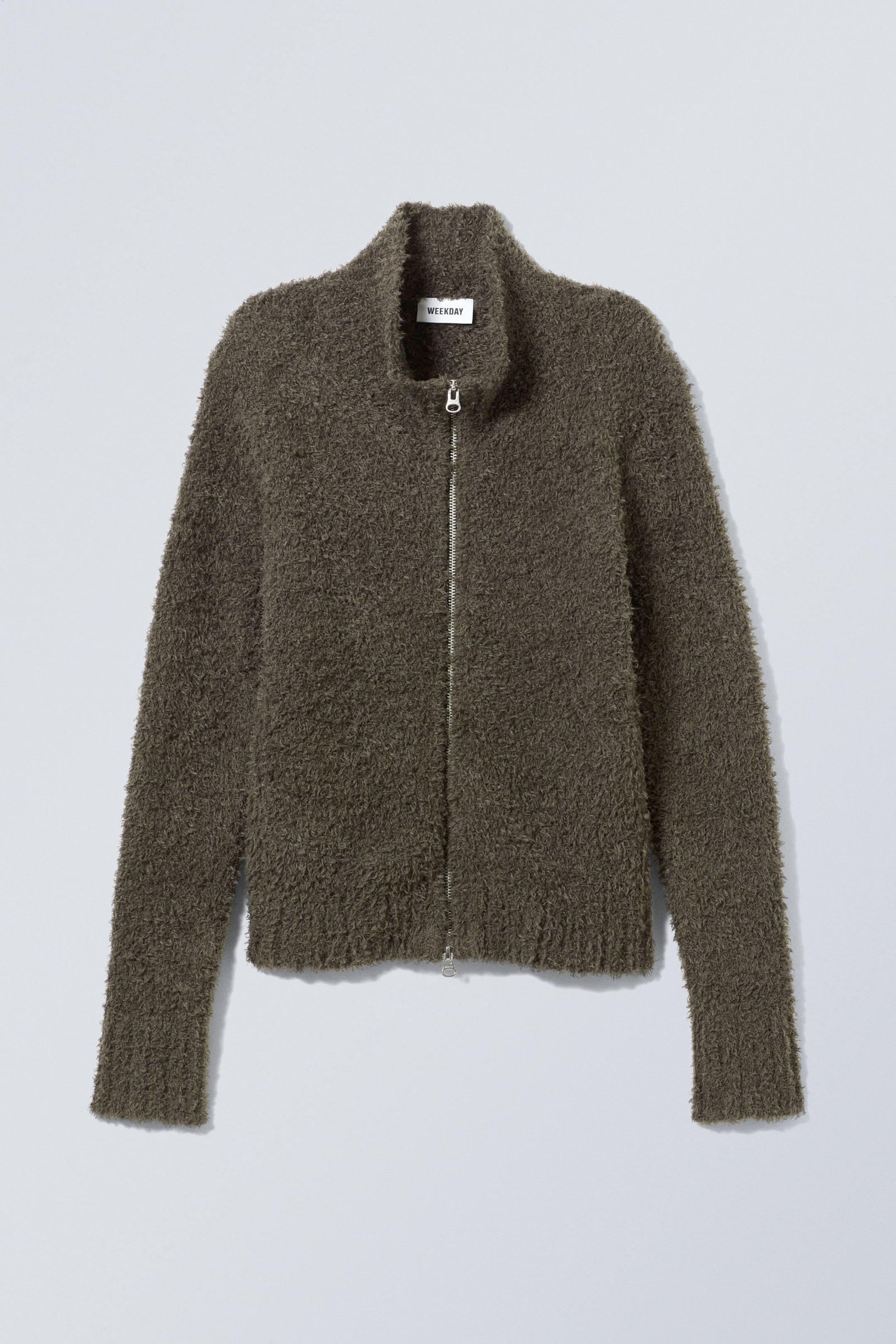 Dunkles Khaki - Zottelige Strickjacke mit Reißverschluss Carla - 0