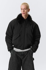 Black - Loose Bomber Jacket with Faux-Fur Collar - 0