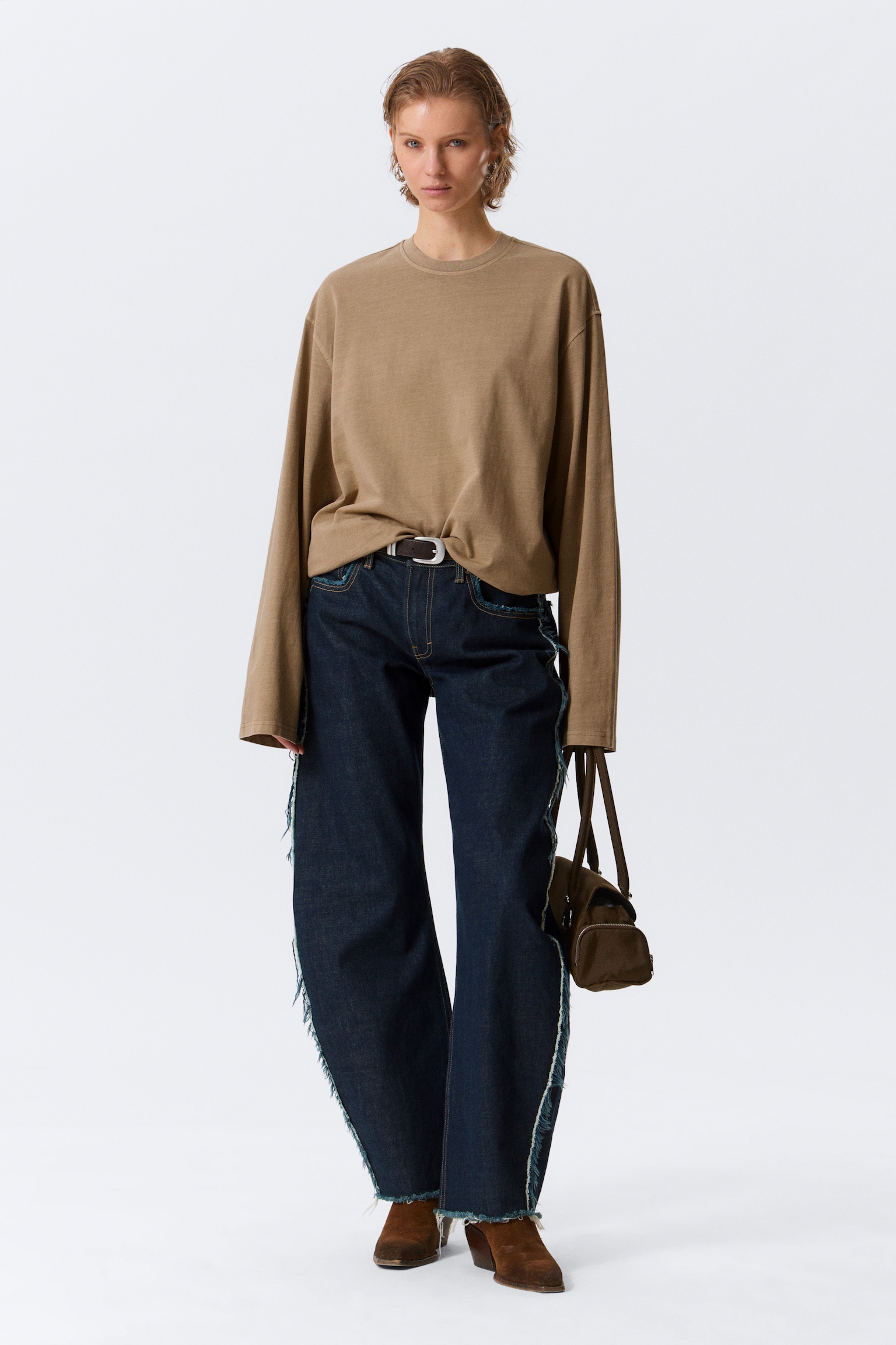 Oversized-T-Shirt mit langen Ärmeln - Gewaschenes Dunkelbeige/Schwarz/Weiß/Dunkles Marineblau - 1