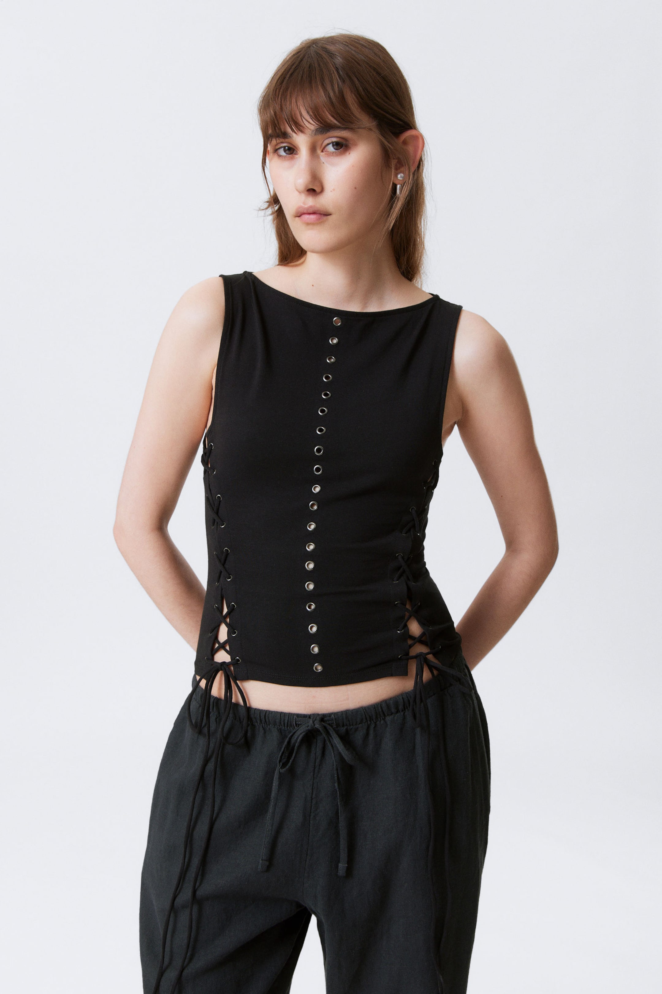 Black - Sleeveless Lacing Boat-Neck Eyelet Top - 1