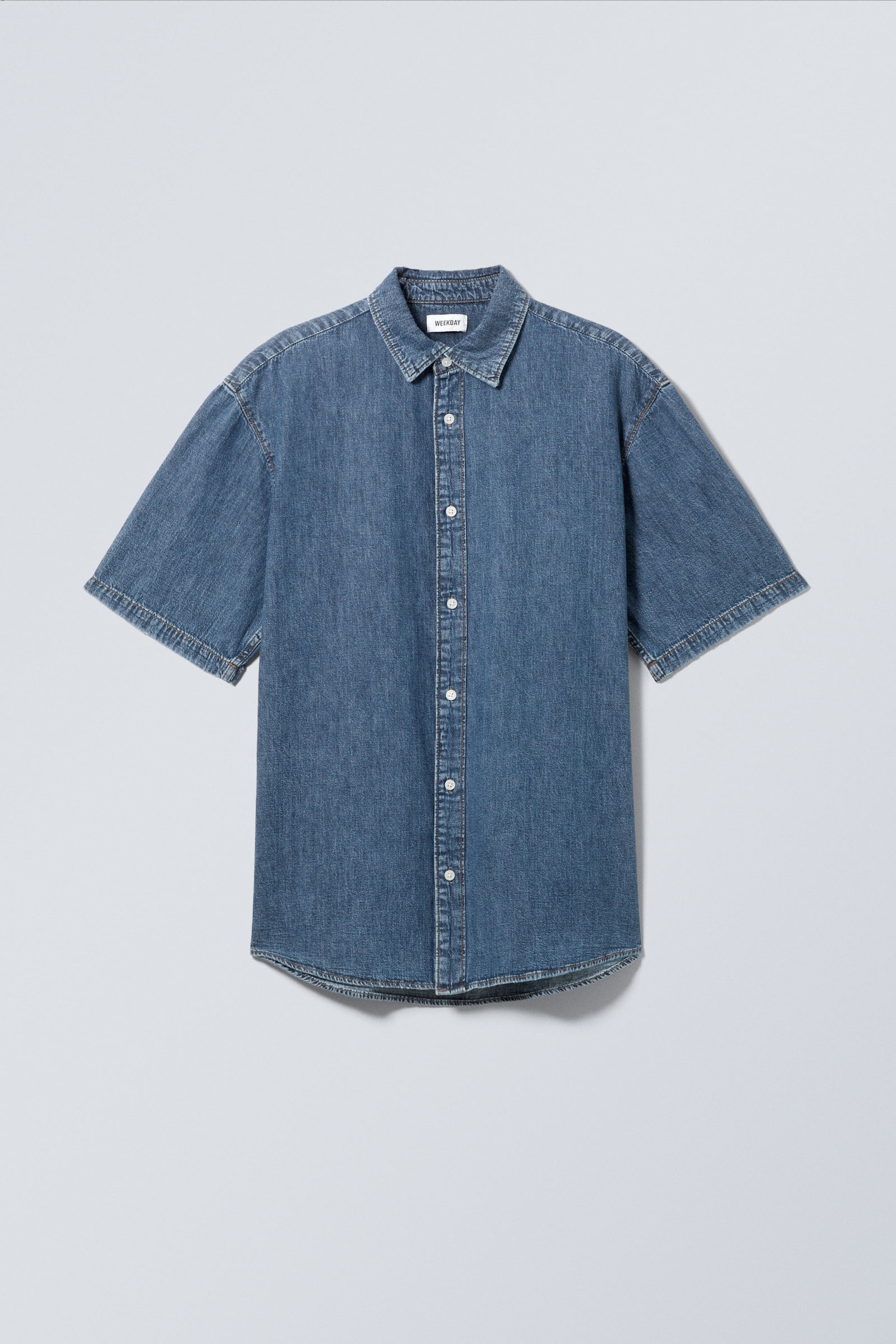 Blue - Loose Short Sleeve Denim Shirt - 1