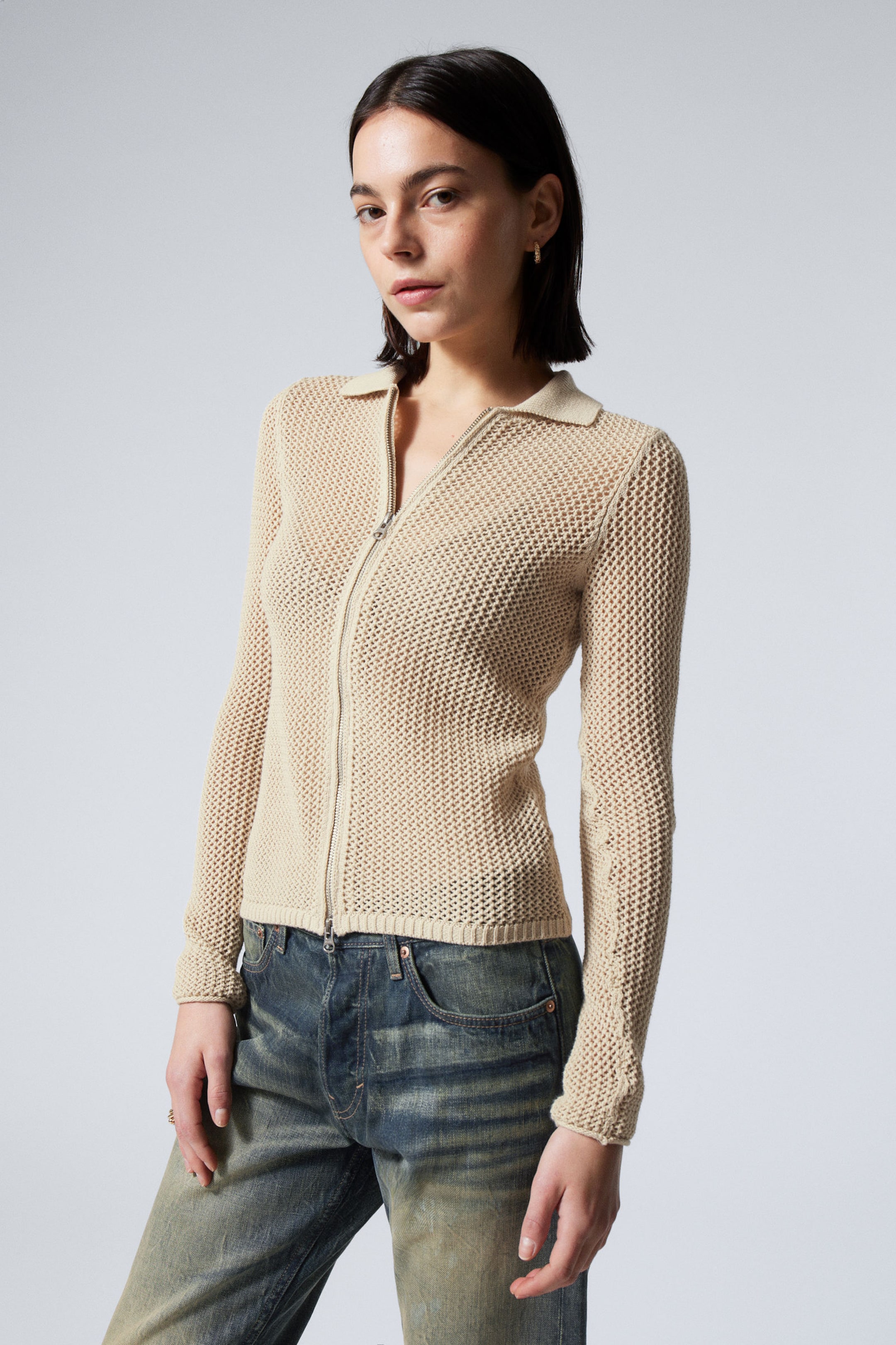 Light Beige - Knitted Cotton Zip Cardigan - 2