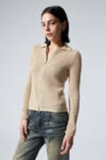Light Beige - Knitted Cotton Zip Cardigan - 2