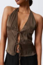Dunkelbraun - Neckholder-Top mit Bindeband vorn - 1