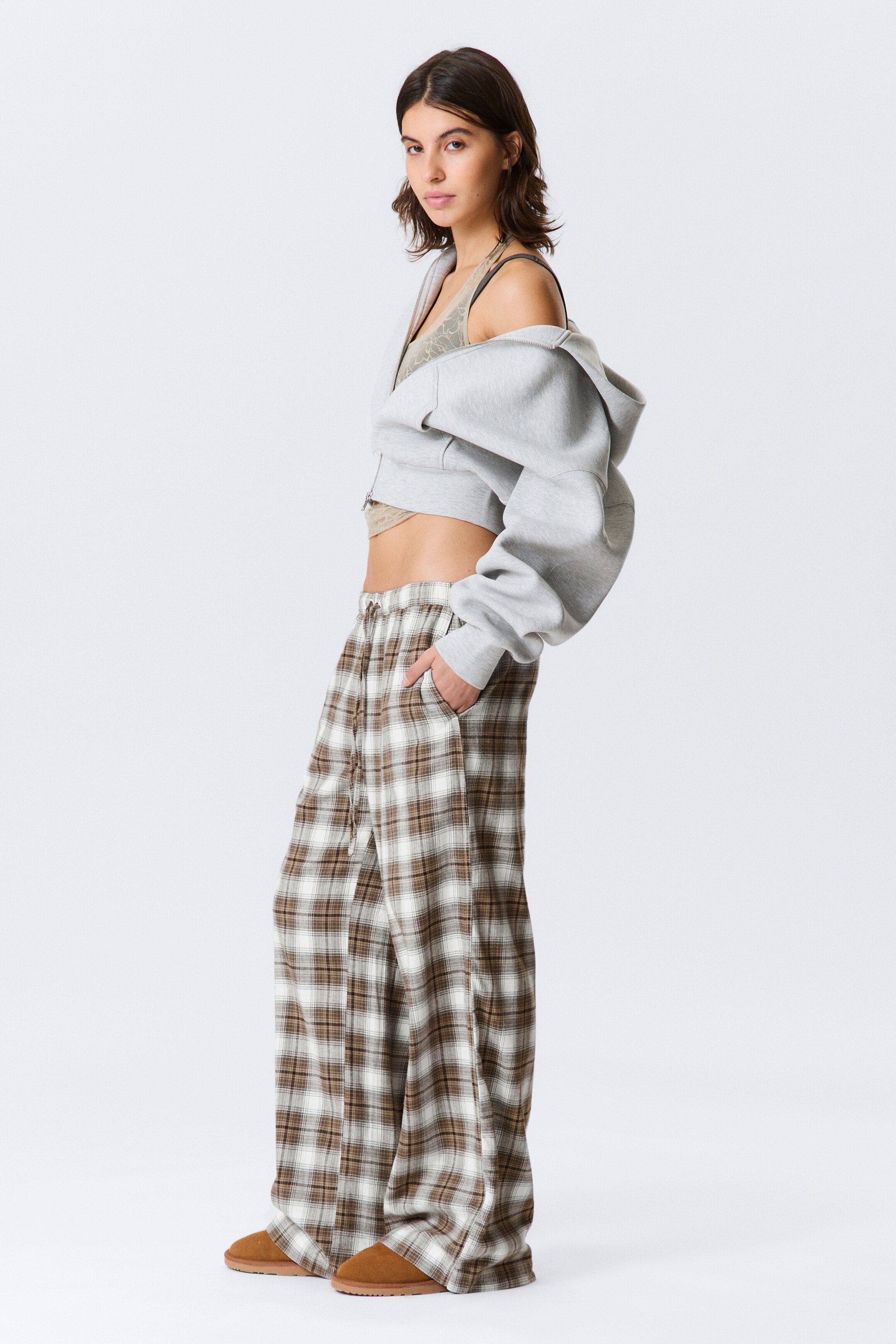 View larger image: Wide Flannel Pyjama Trousers - Checked Beige - Ladies | H&M GB 4