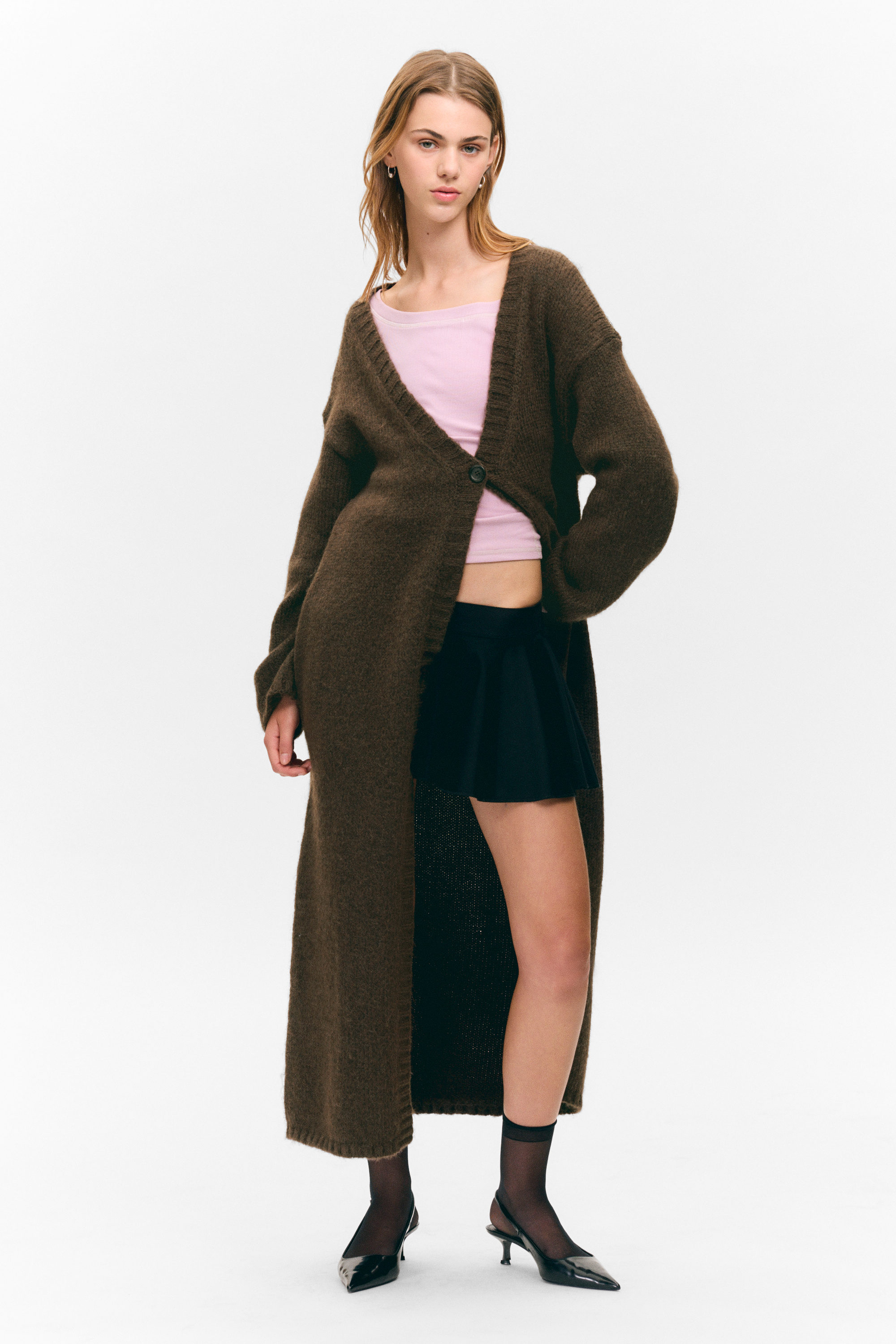 Dark Brown - Long Knit V-Neck Cardigan - 1