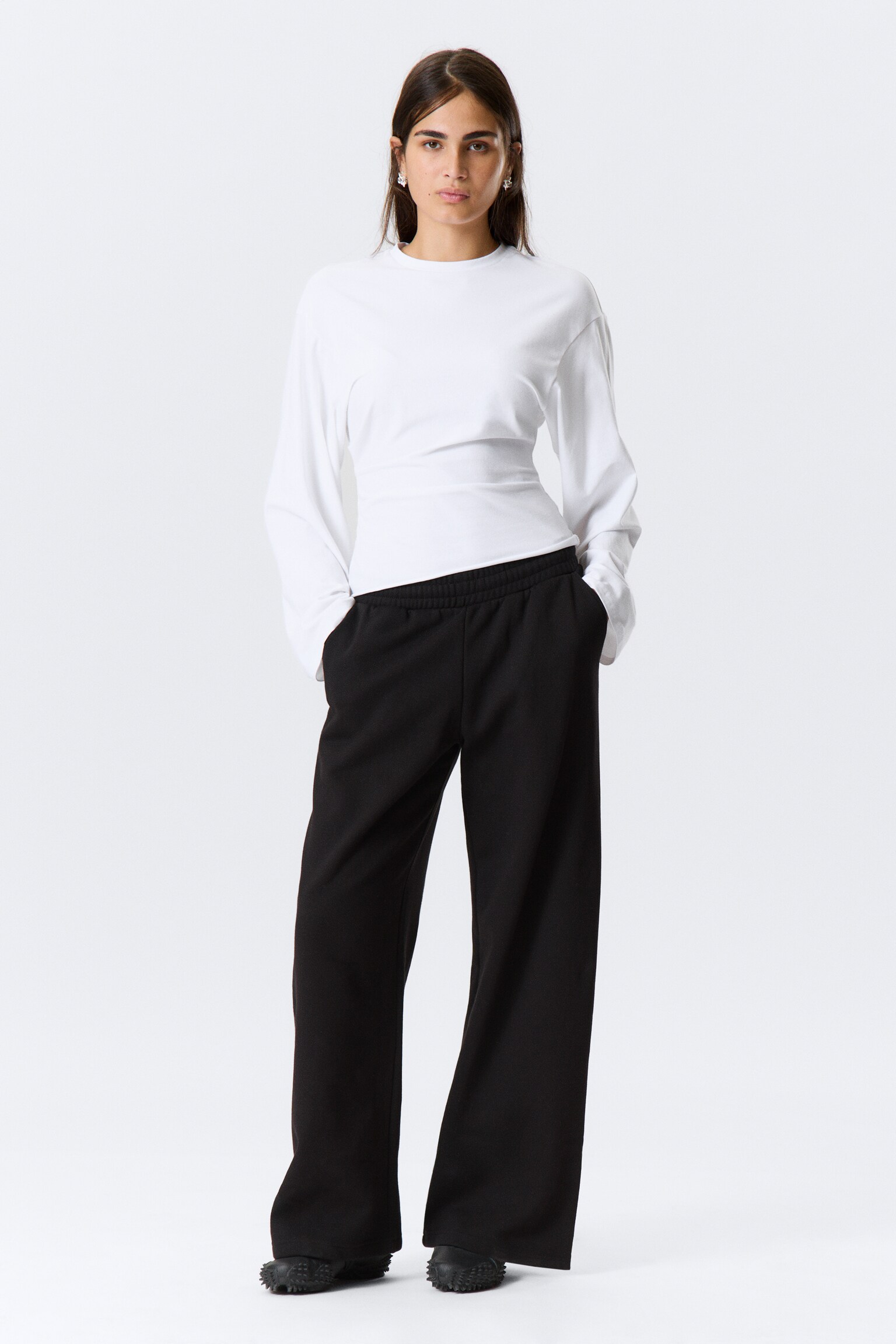 Ruched Long-Sleeved T-shirt - White/Black - 3