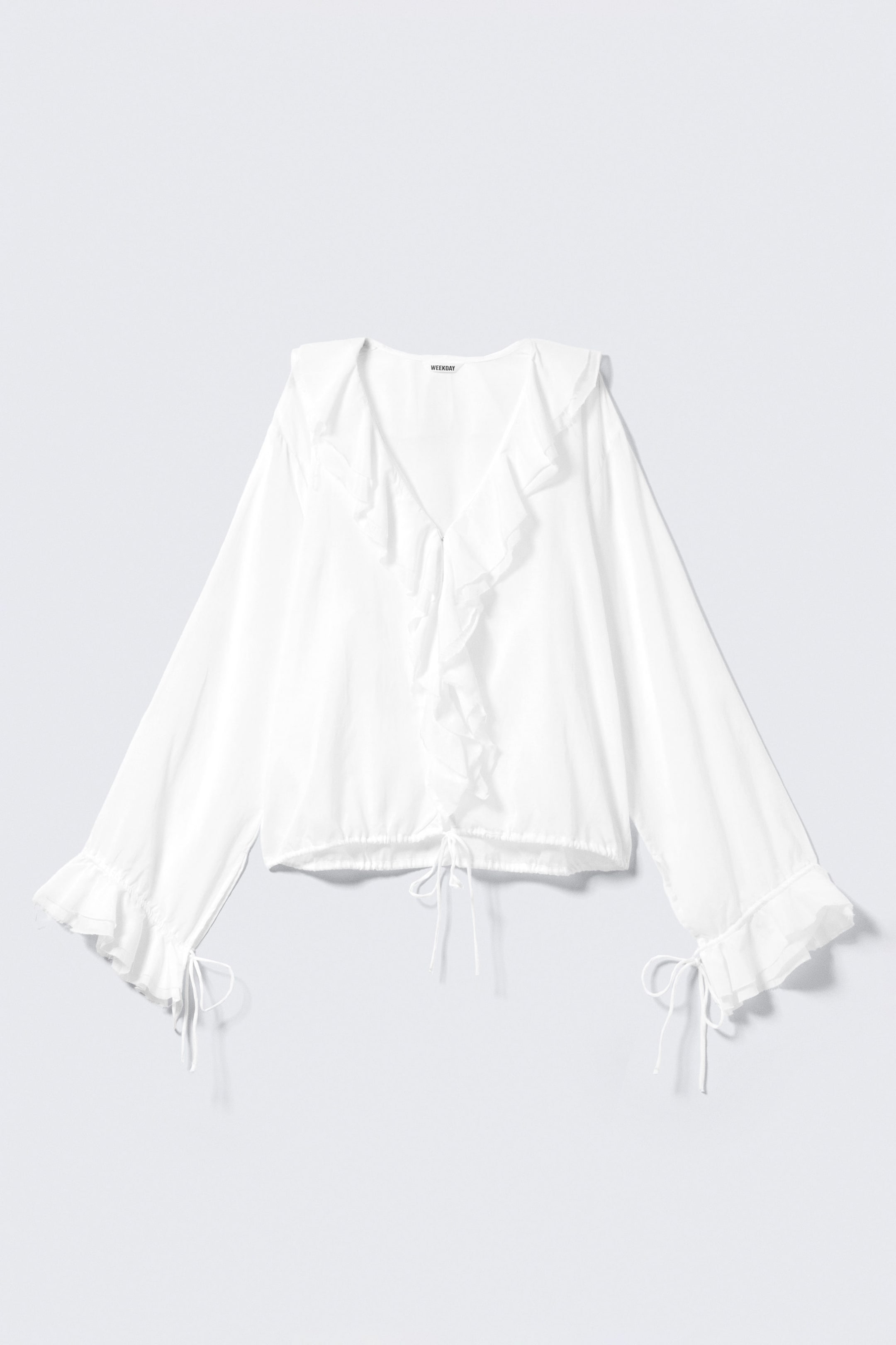 White - Frilled Long-Sleeved Wrap Blouse - 1