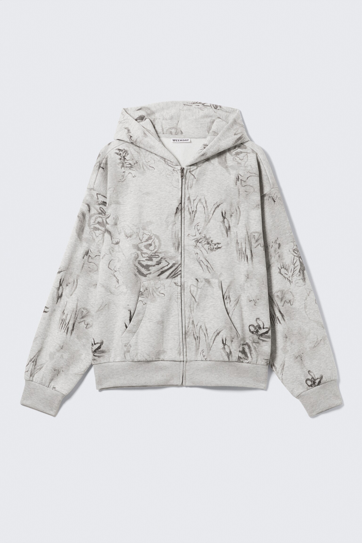 Hoodie met rits en vierkante grafische print - Grey Melange - Scribble Print/Bordeauxrood - 2