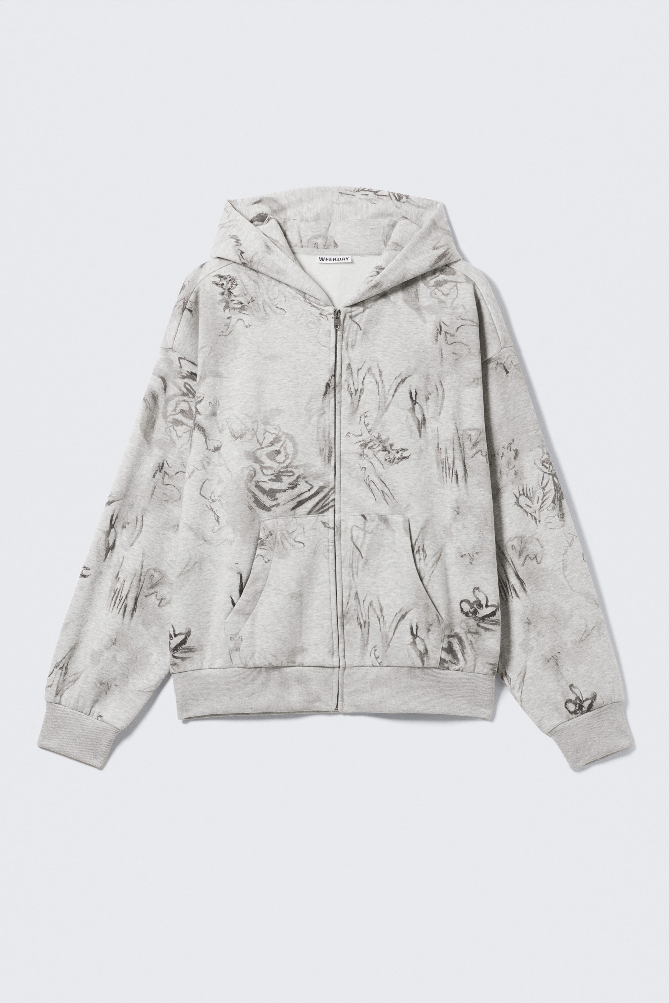 Grau meliert - Scribble-Print - Grafischer Zip-Hoodie mit eckigem Schnitt - 4