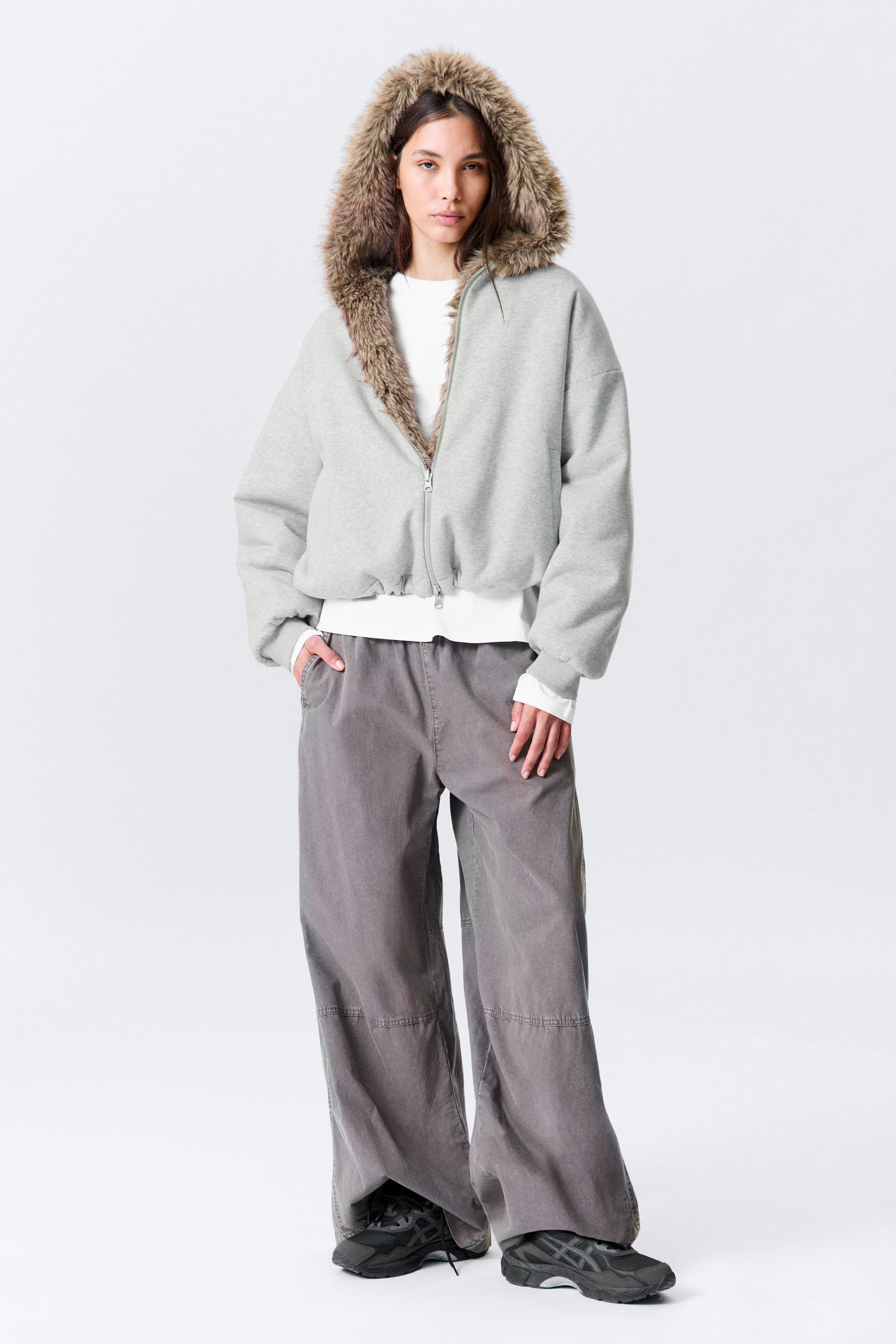 Grey Melange & Brown - Reversible Faux Fur Zip Hoodie - 1