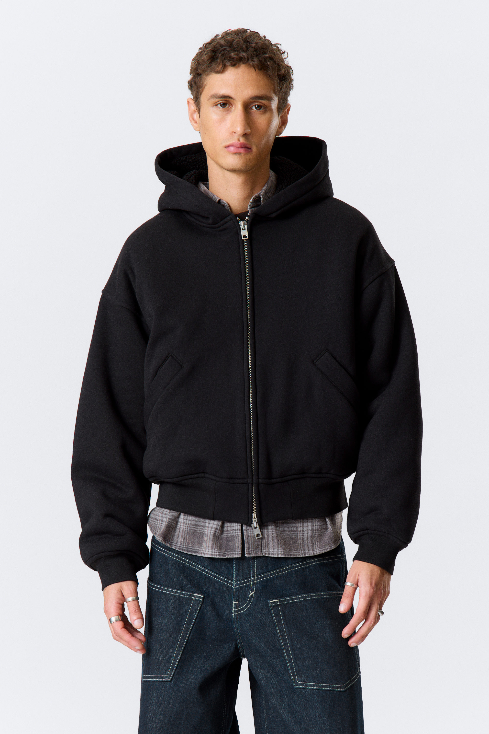 Black - Lined Bomber Zip Hoodie - 1