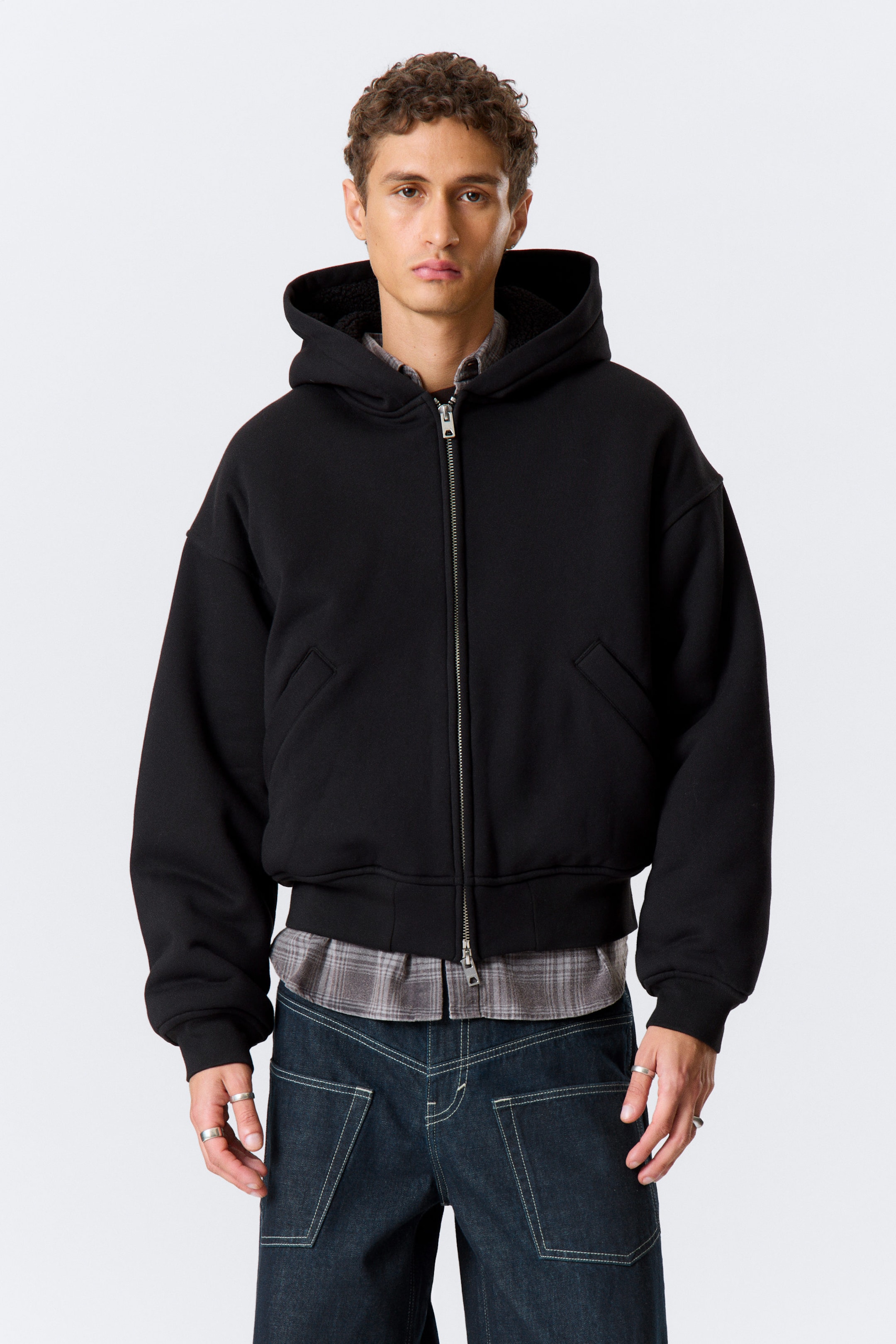 Black - Lined Bomber Zip Hoodie - 1