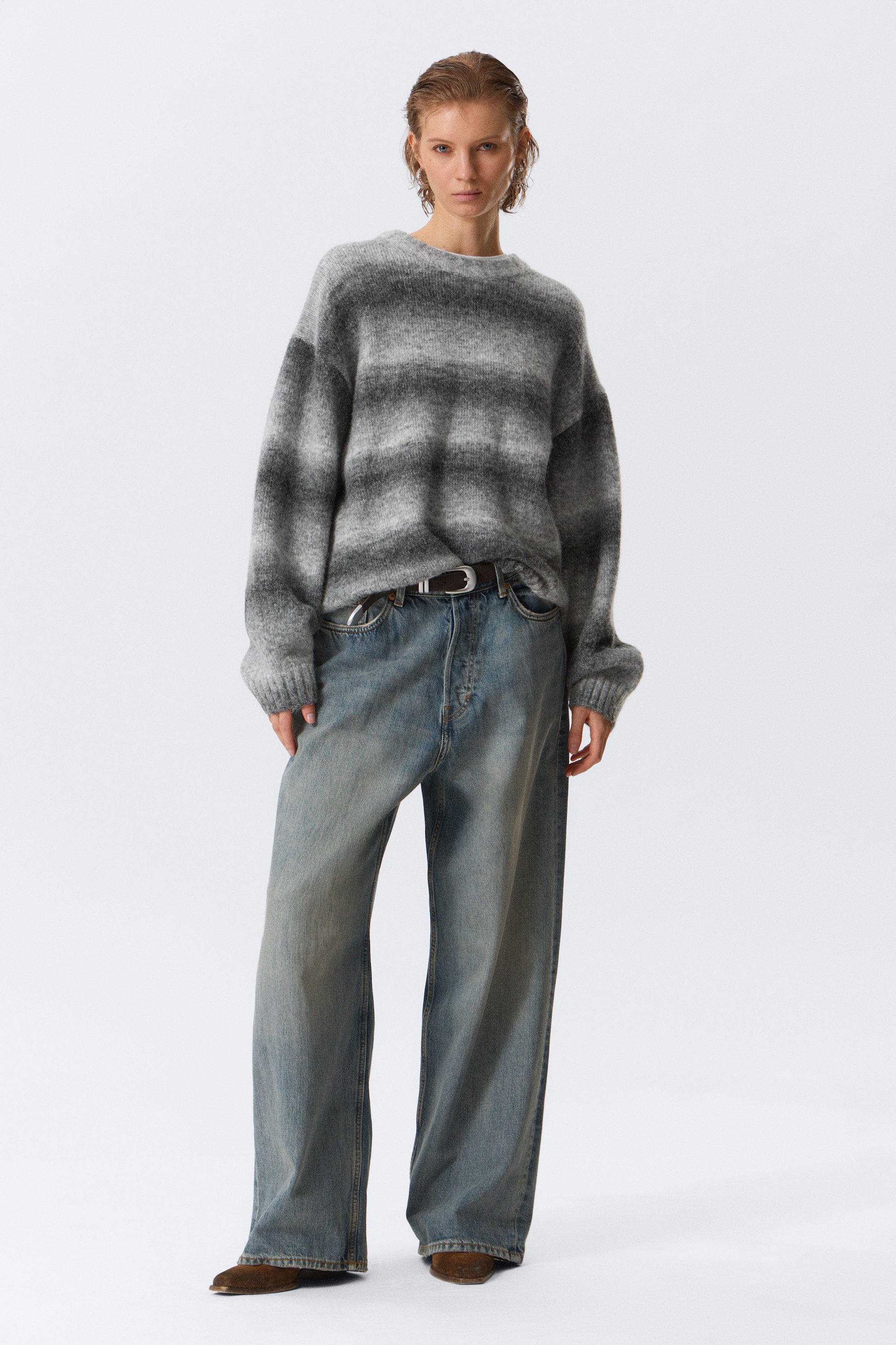 Grey Melange - Loose Fit Space-Dyed Knitted Sweater - 2