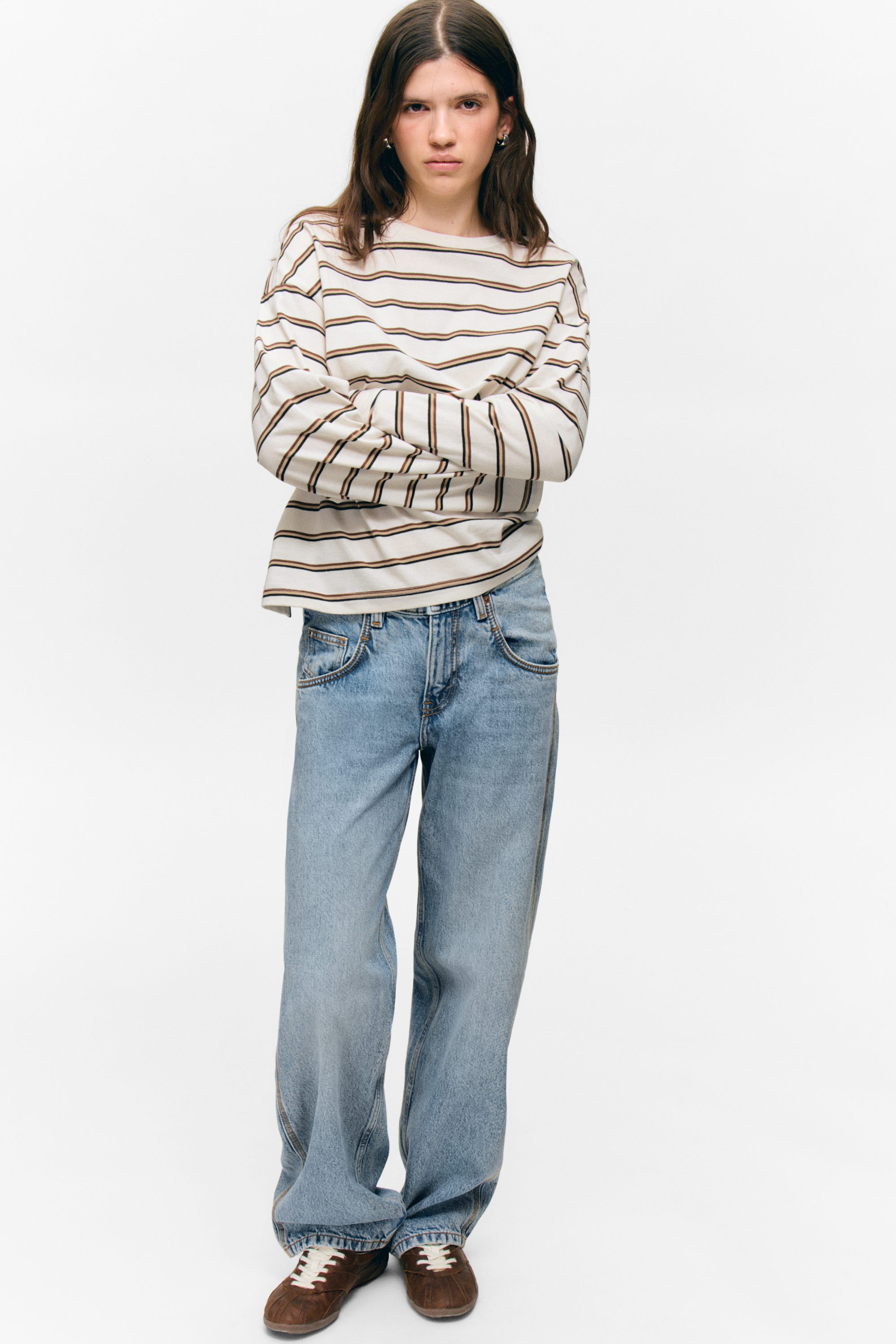 Staubweiß - Braune Streifen - Longsleeve-Shirt aus Baumwolle - 2