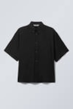 Black - Oversized Draped Boxy Short-Sleeved Shirt - 4